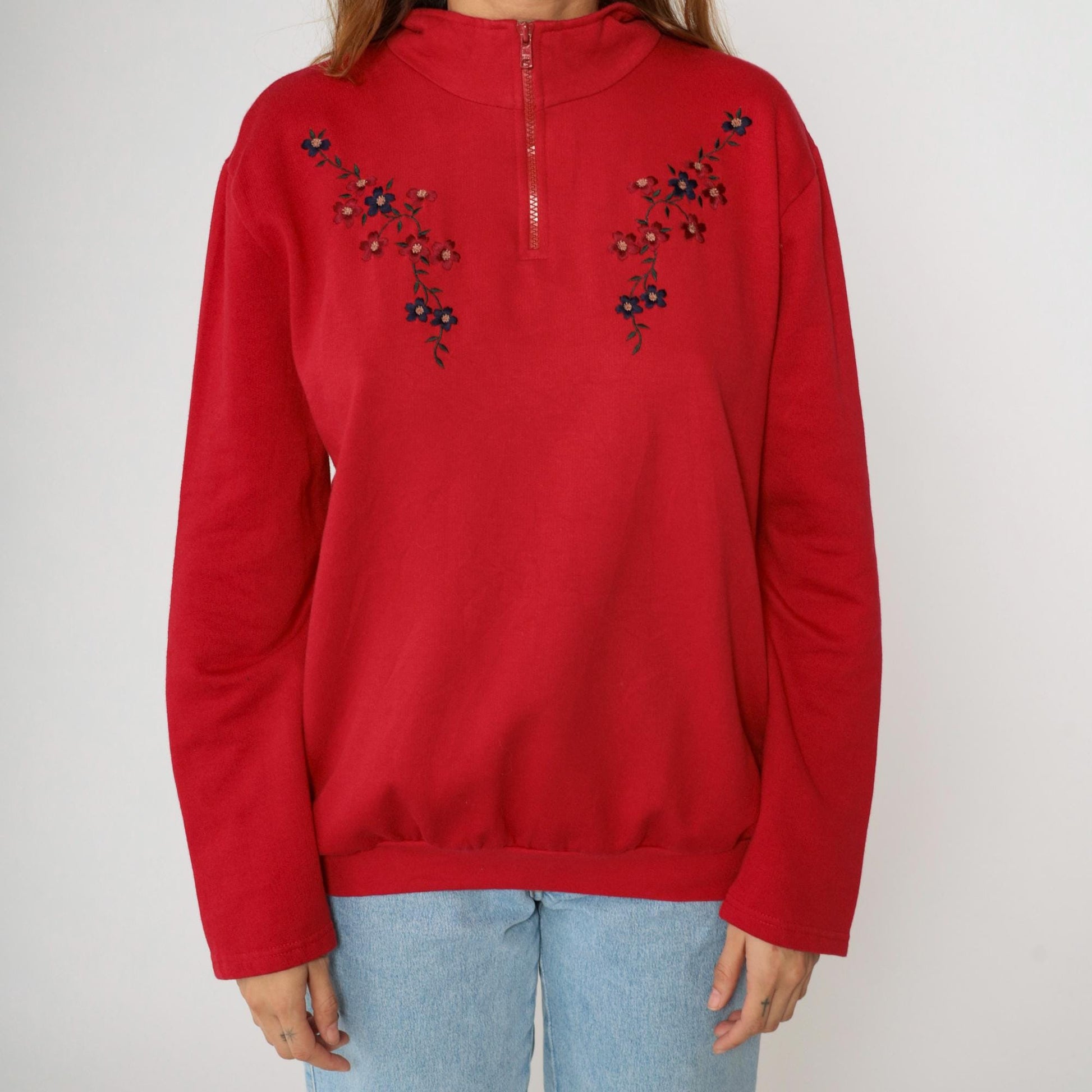 90s Karen Scott Red Floral Embroidered Quarter Zip Sweatshirt Extra Large XXL