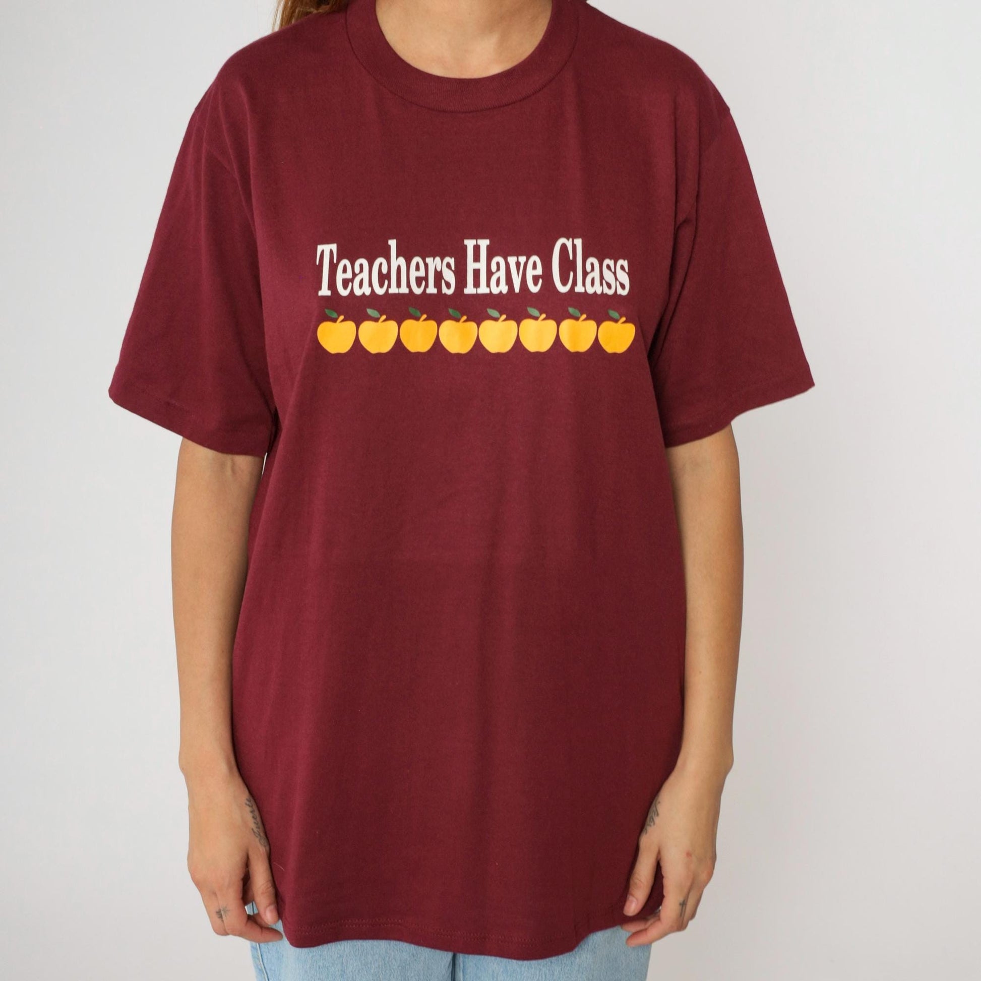 90s Jerzees Teachers Have Class Apple Graphic Tee Burgundy Large