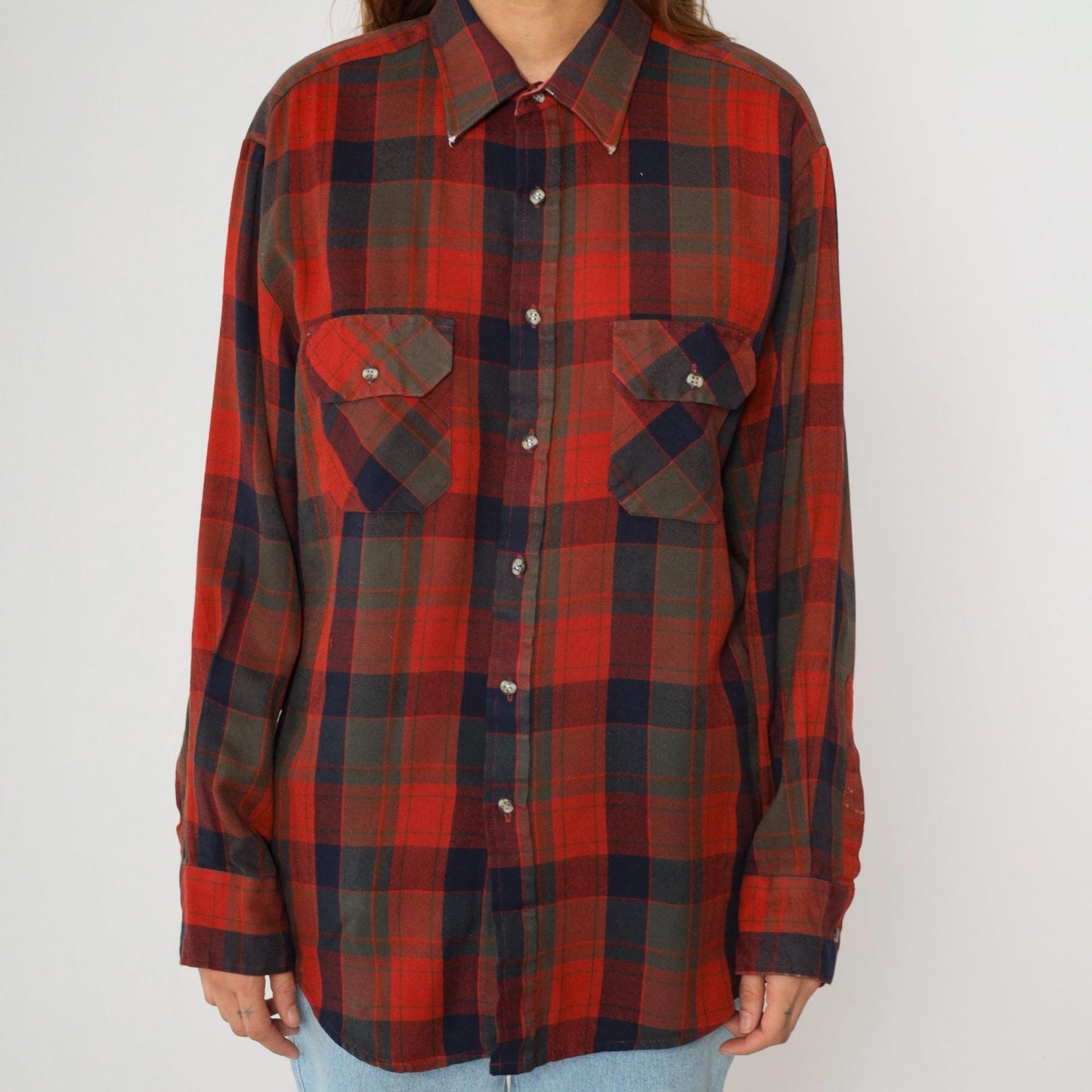 80s Northwest Territory Plaid Button Up Shirt Red Navy Acrylic Men's Large