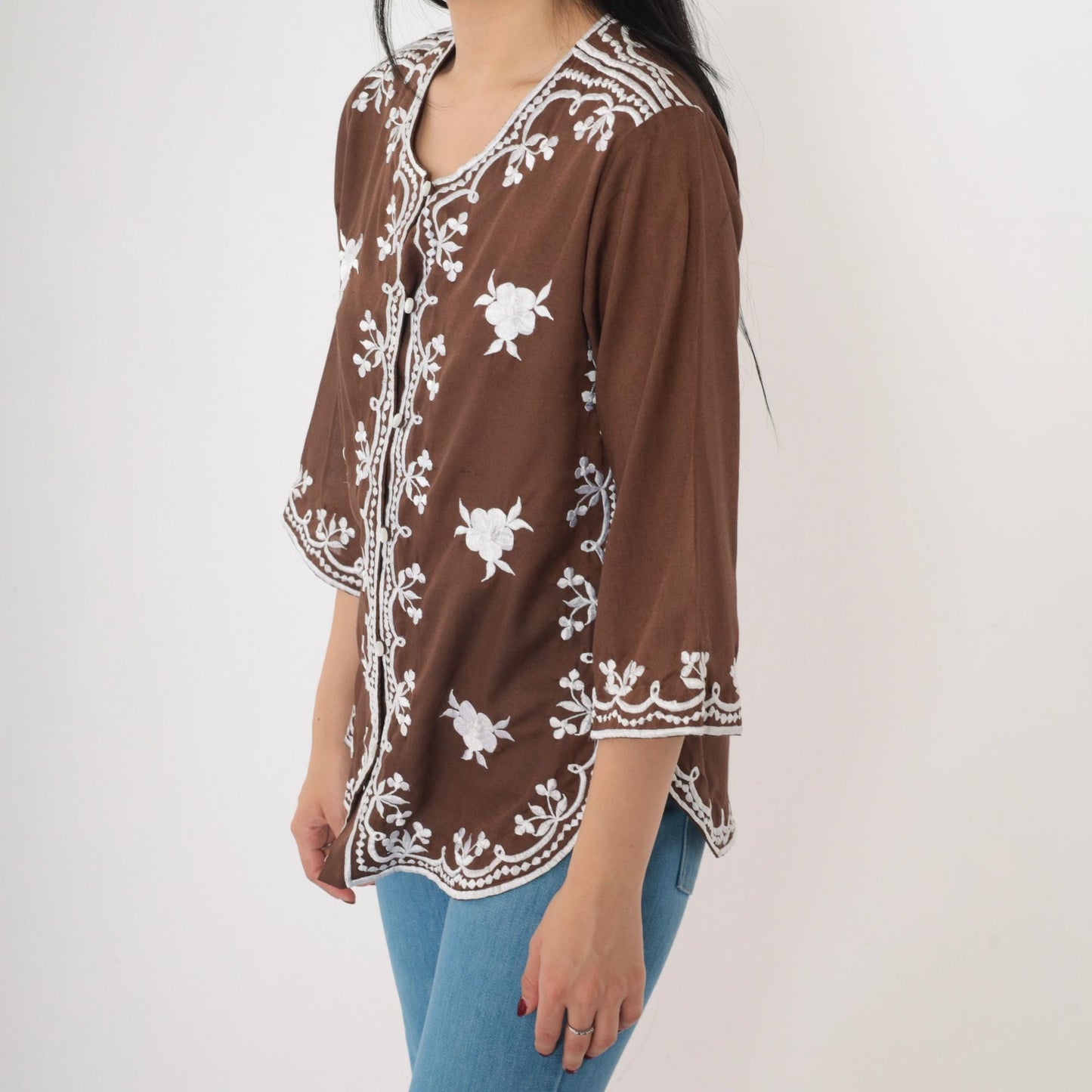 90s Brown Floral Embroidered Button-Up Blouse 3/4 Sleeve Small S
