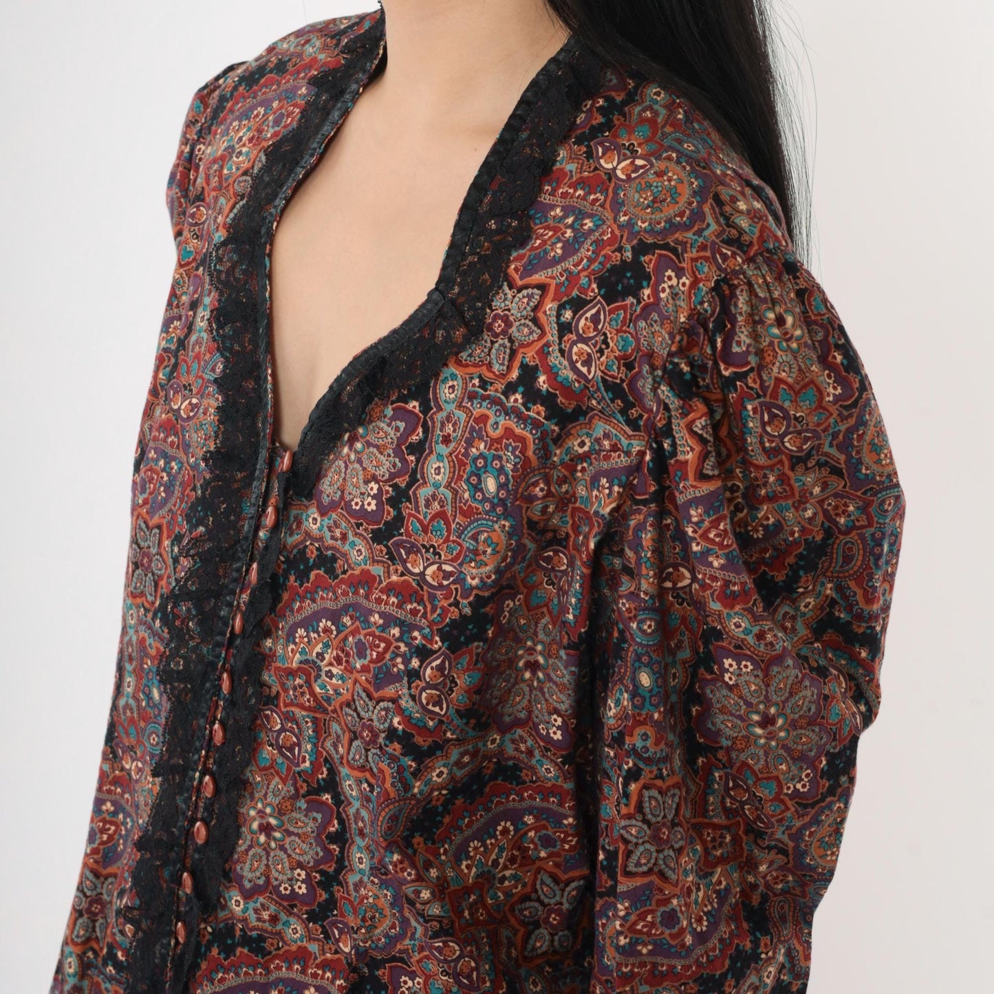 80s Paisley Button Up Blouse Puff Sleeve Lace Trim Purple Large