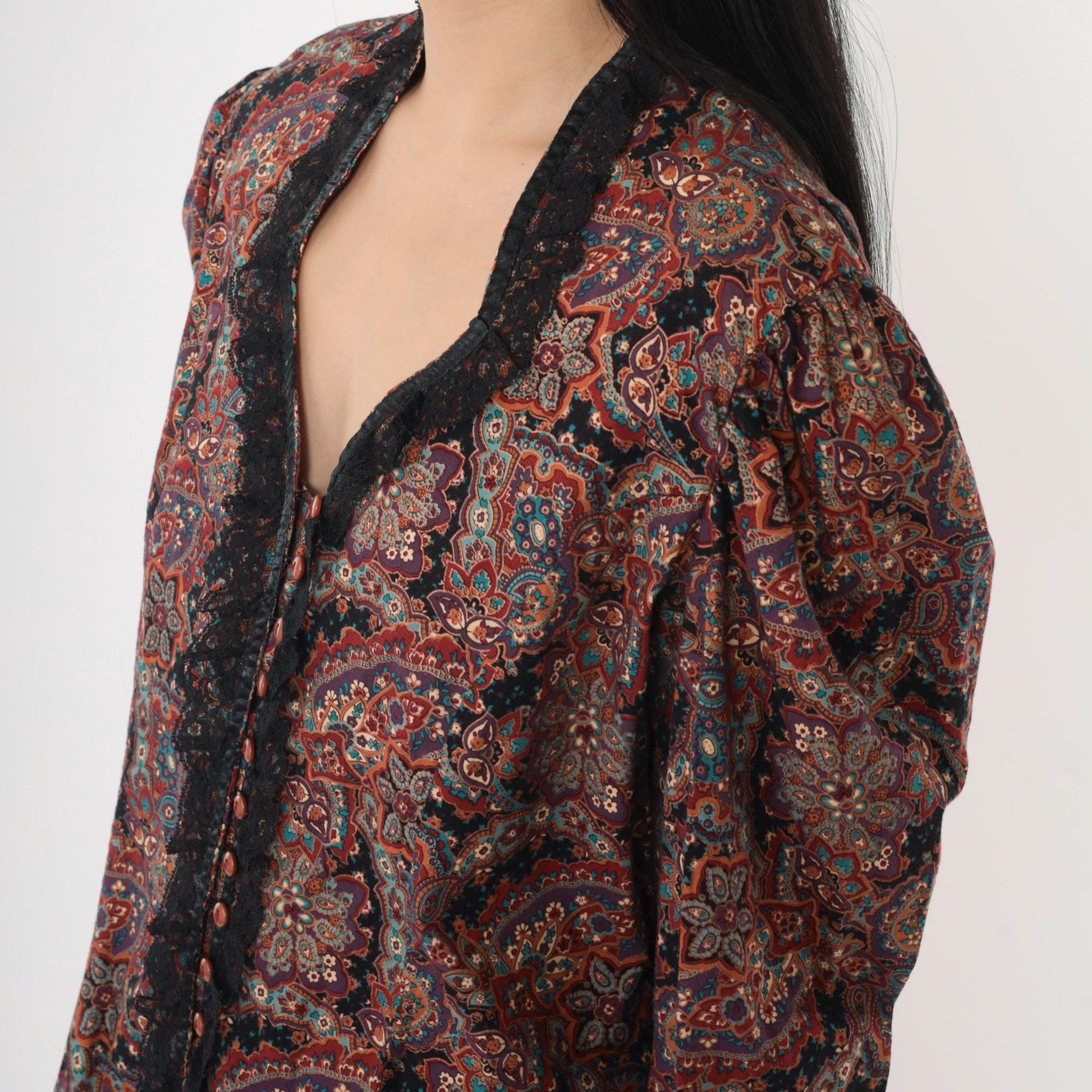 80s Paisley Button Up Blouse Puff Sleeve Lace Trim Purple Large