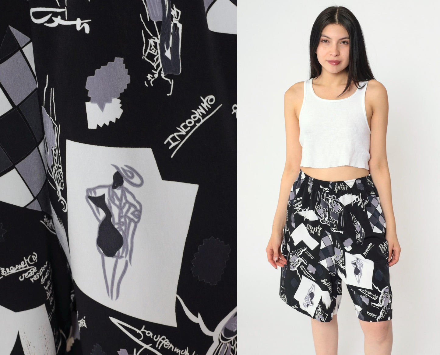 90s Black White Abstract Graphic Shorts Elastic Waist Baggy Medium Large