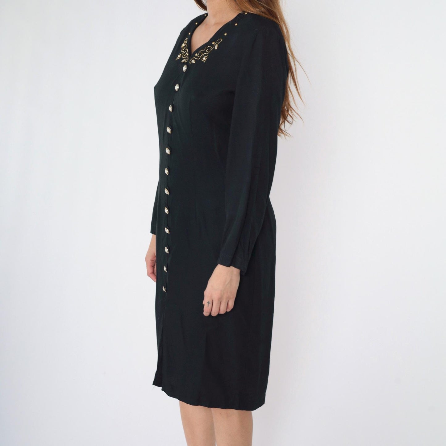 90s Black Beaded Sheath Dress Gold Studs Long Sleeve Button Front Midi Medium