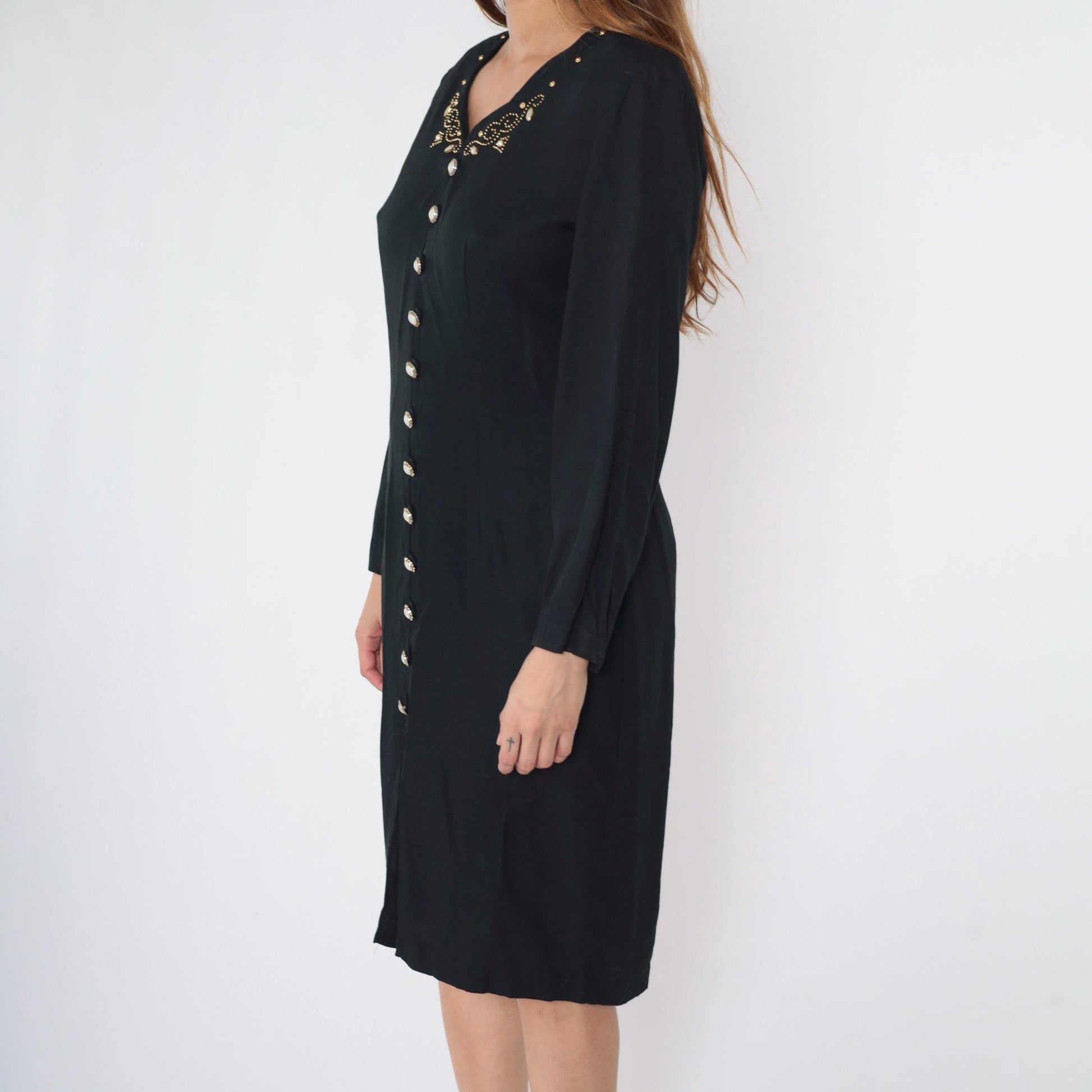 90s Black Beaded Sheath Dress Gold Studs Long Sleeve Button Front Midi Medium