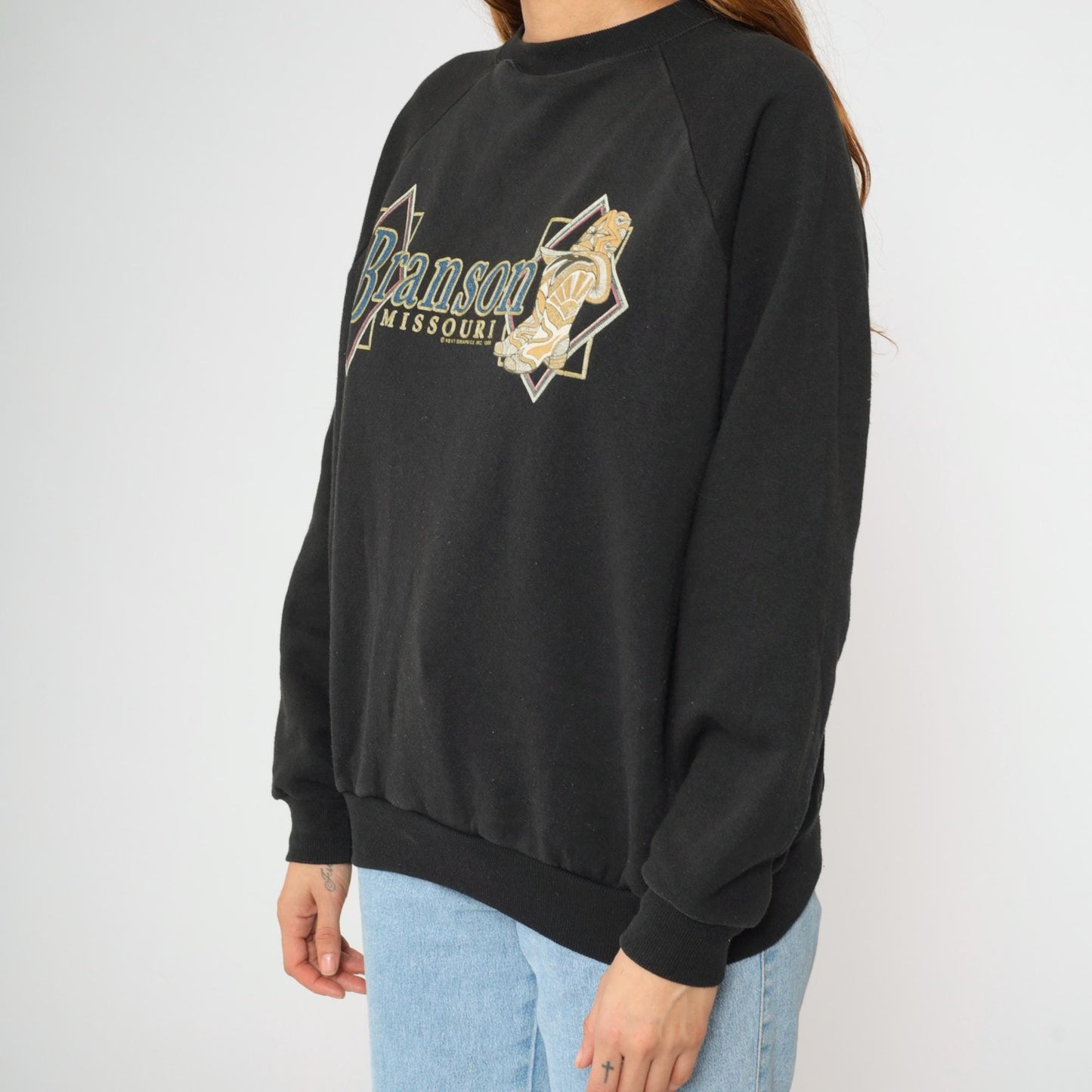 90s Branson Missouri Cowboy Boot Graphic Sweatshirt Black Crewneck Large L