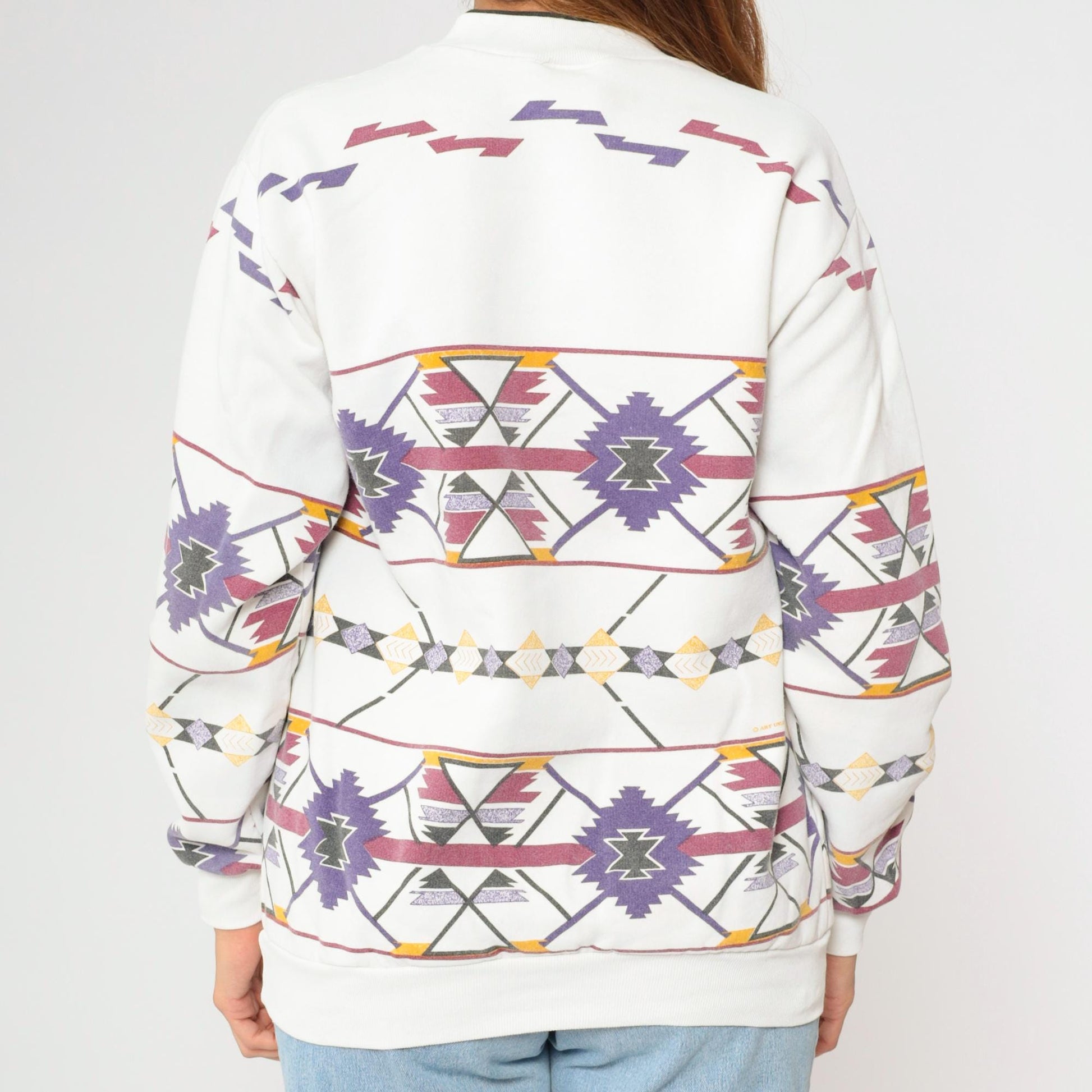90s Southwestern Print Sweatshirt White Henley Neckline Medium M
