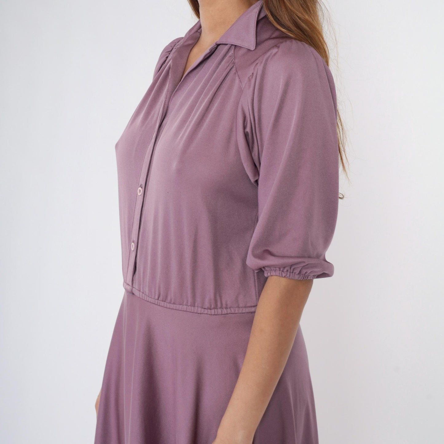 80s Purple Puff Sleeve Midi Shirtdress High Waist Button Up Medium Large