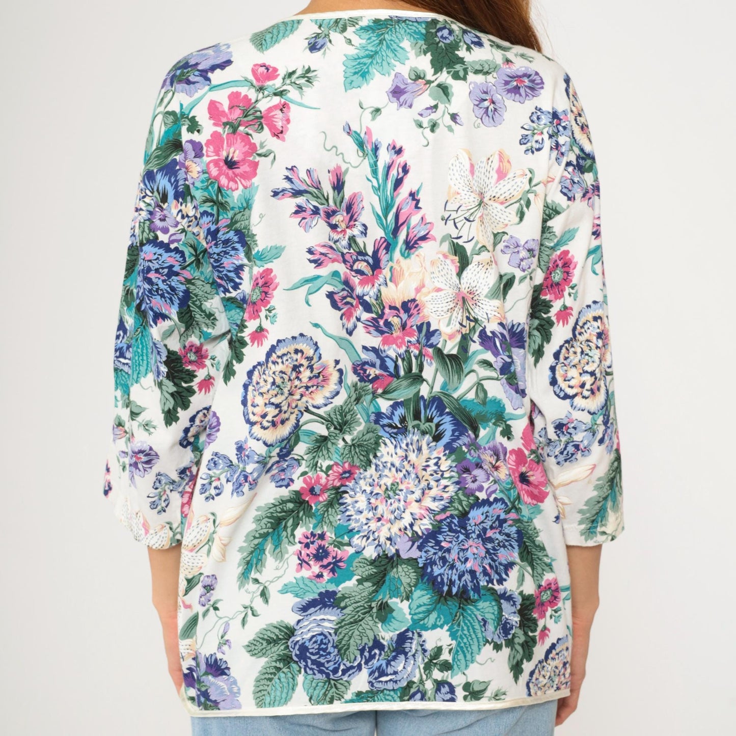 90s Earth Angels Floral Cotton Blouse White Purple Blue Green Piped Trim Large