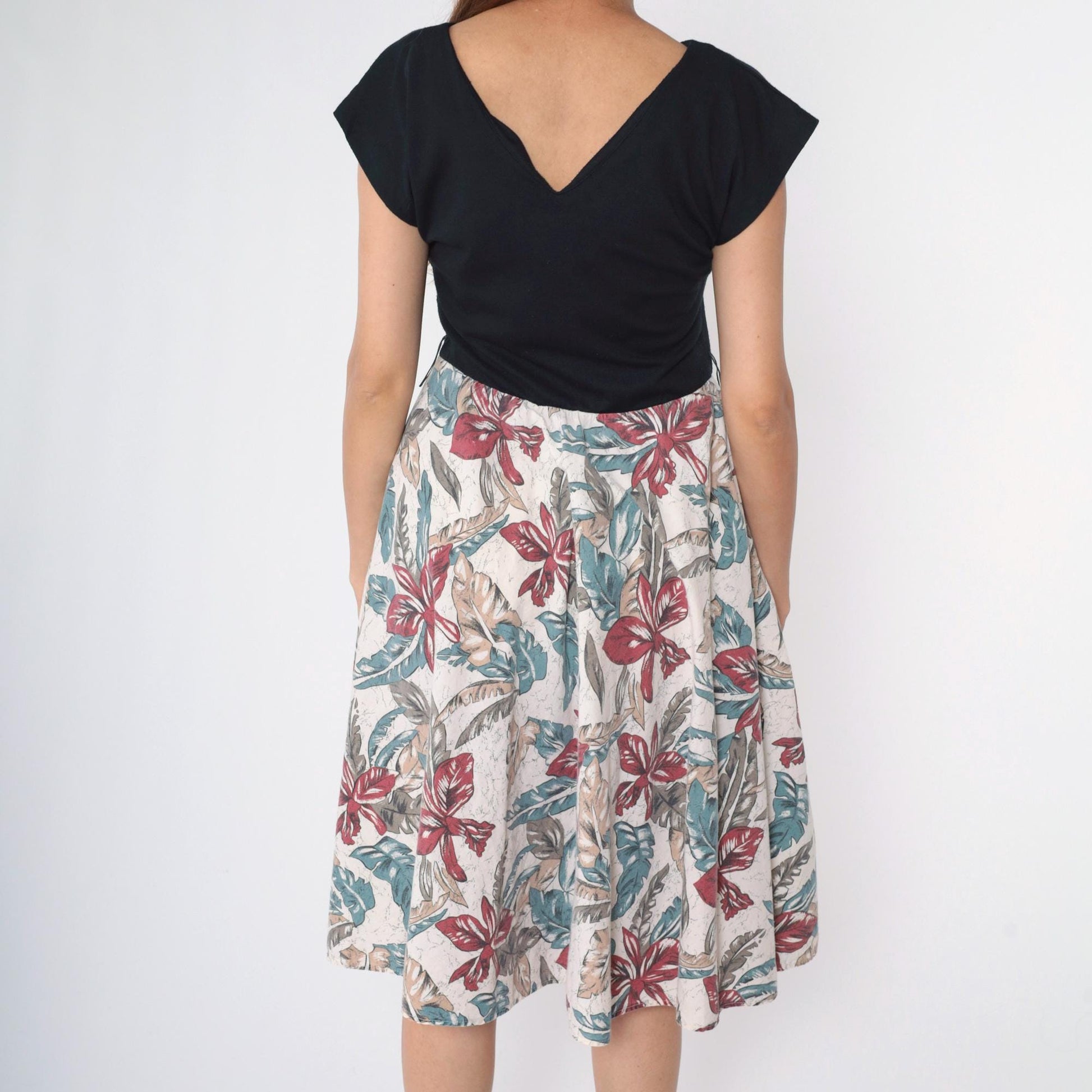 80s Tropical Floral Midi Dress Black Bodice Cap Sleeve V-Back Medium M