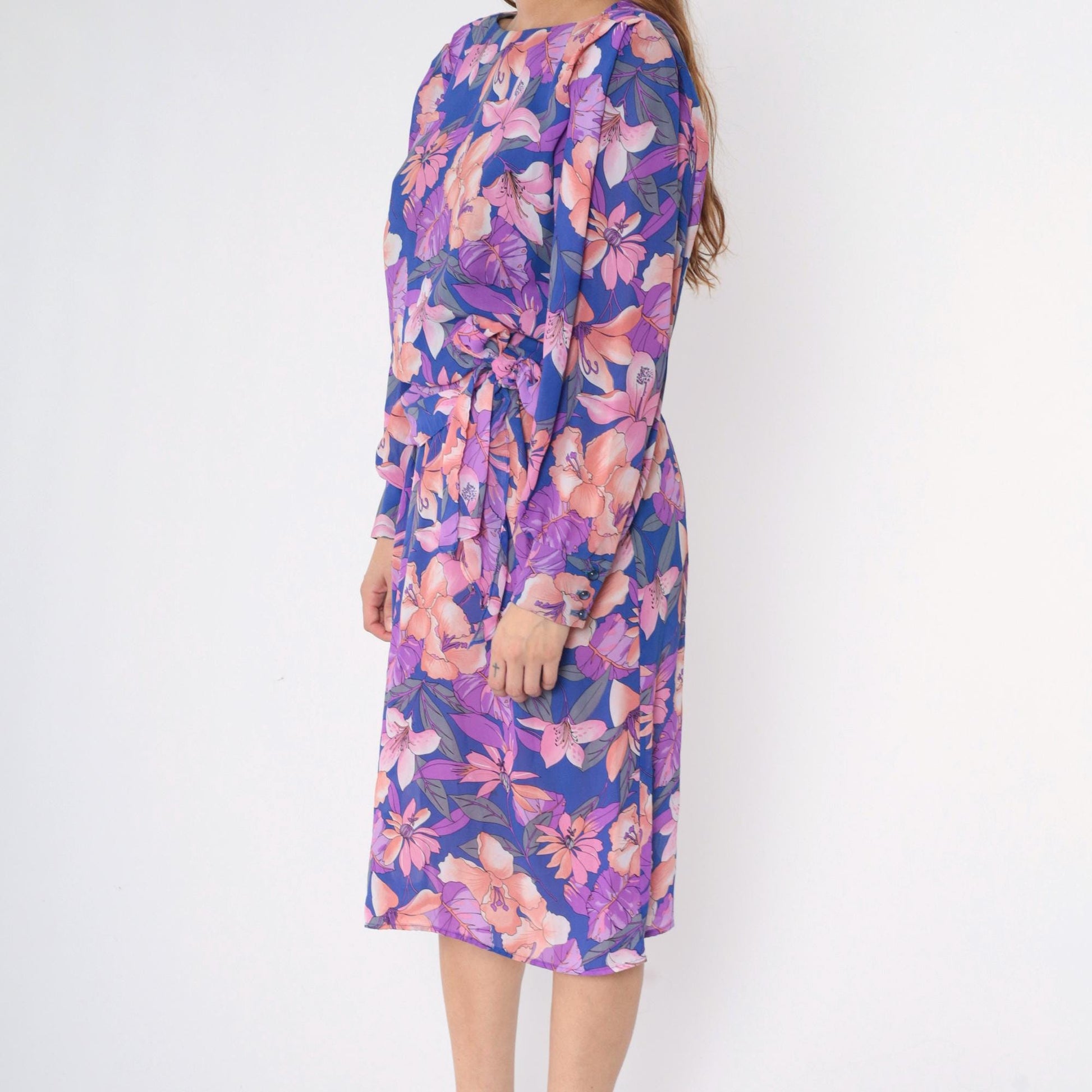 80s Tropical Floral Midi Dress Purple Hibiscus Print Puff Sleeve Tie Waist Medium