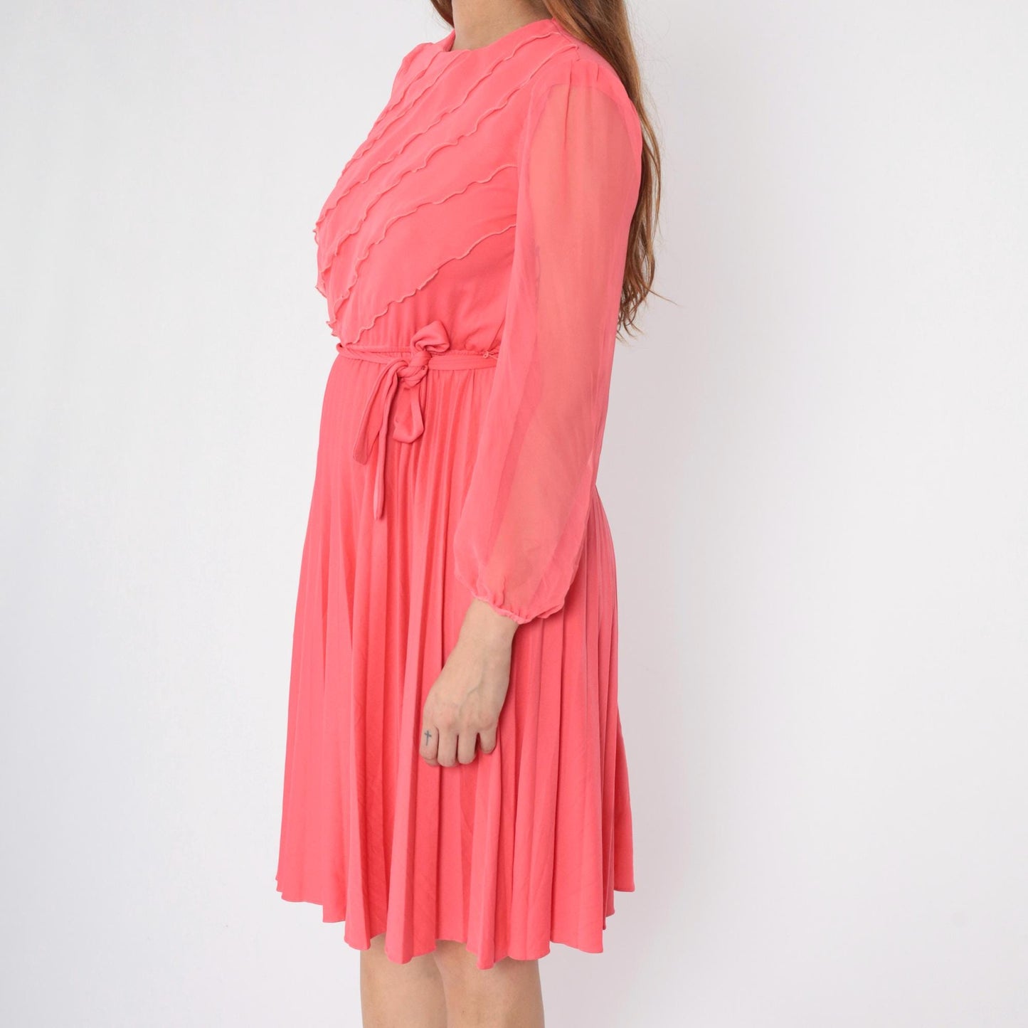 70s Pink Chiffon Ruffle Midi Dress Pleated Elastic Waist Small S