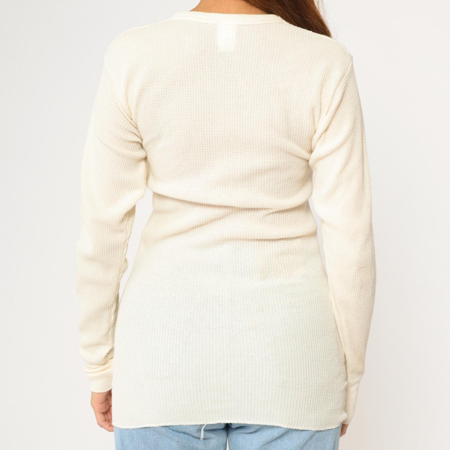Y2K Hanes Cream Waffle Knit Thermal Long Sleeve Tee Medium M