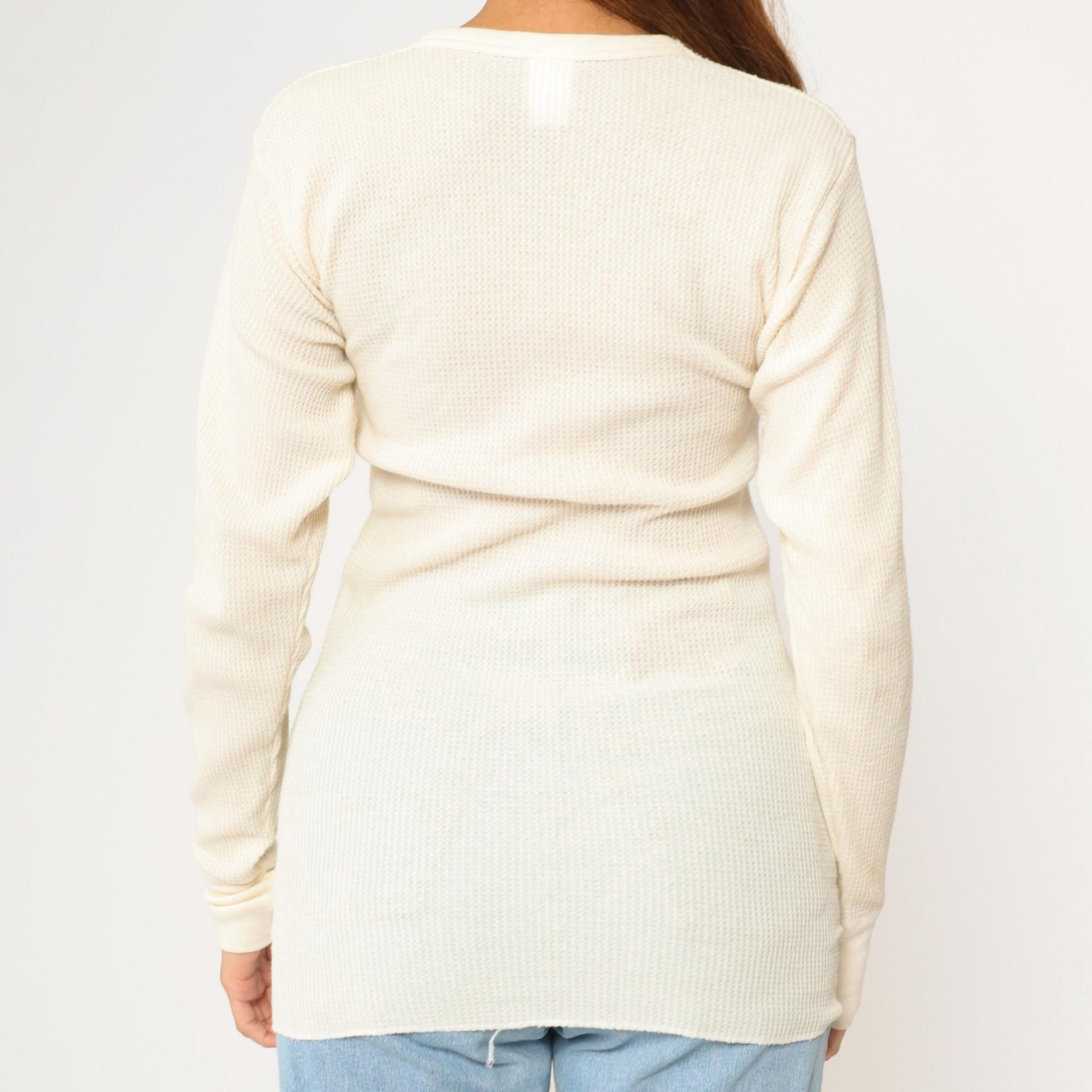 Y2K Hanes Cream Waffle Knit Thermal Long Sleeve Tee Medium M