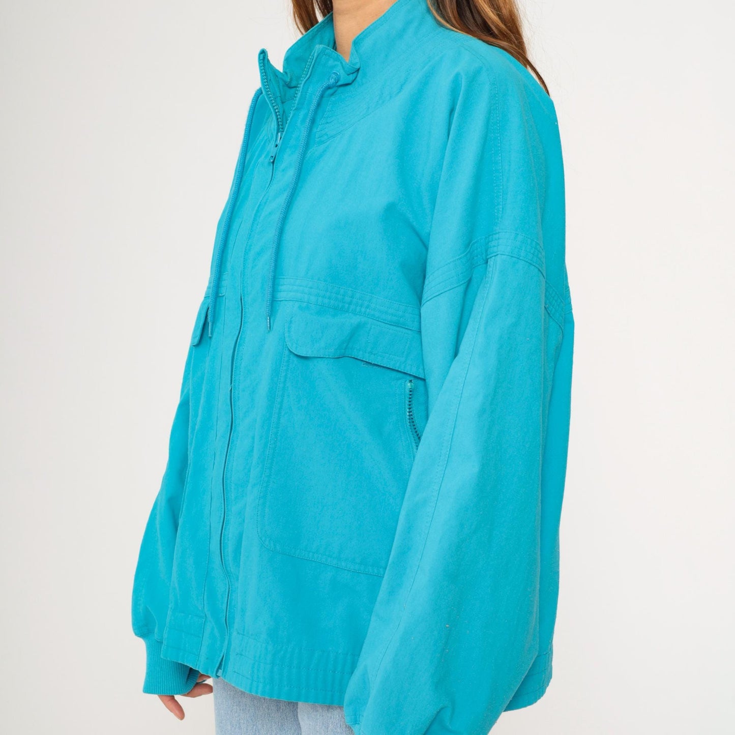90s Turquoise Windbreaker Jacket Cargo Pockets Drawstring Neck XXL
