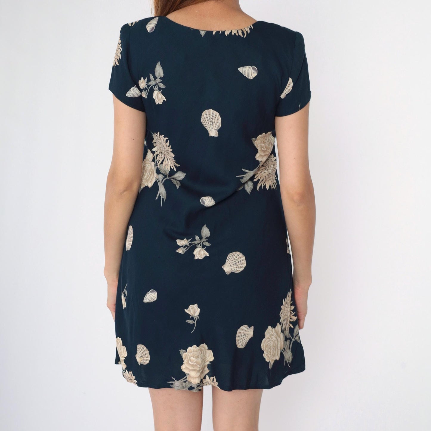 90s Jessica Howard Petite Navy Floral Seashell Mini Shift Dress Small 6
