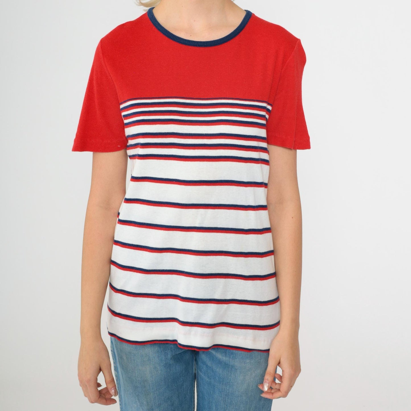 80s Aileen Striped Knit Top Red White Navy Ringer Neck Short Sleeve Medium M