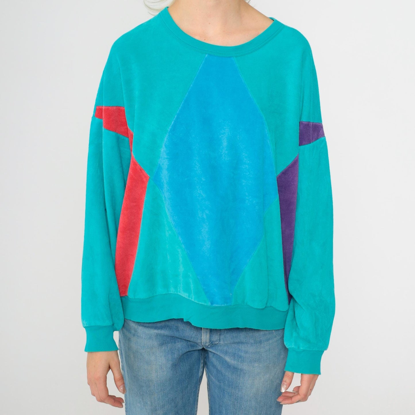80s Turquoise Velour Sweatshirt Color Block Diamond Crewneck Large L