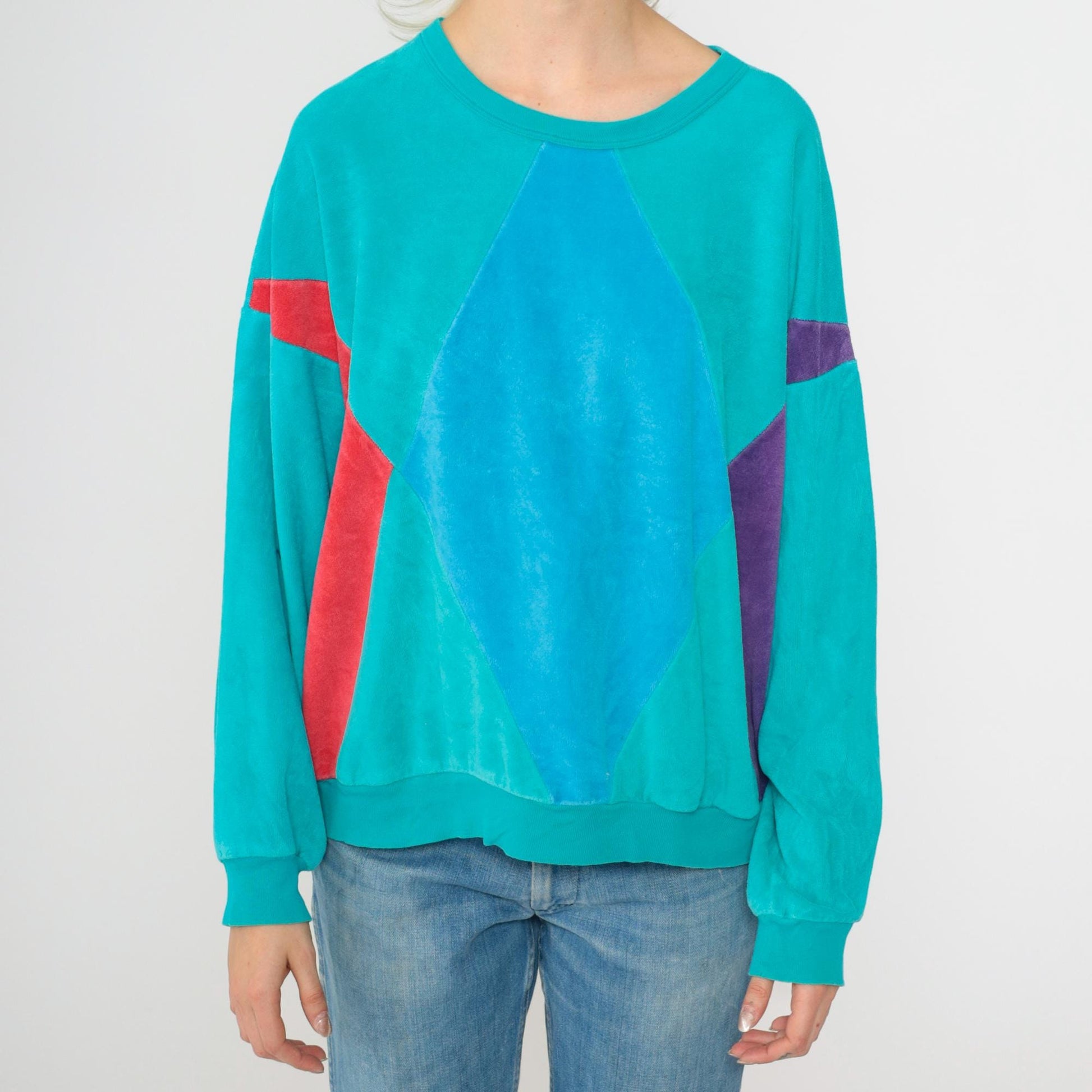 80s Turquoise Velour Sweatshirt Color Block Diamond Crewneck Large L