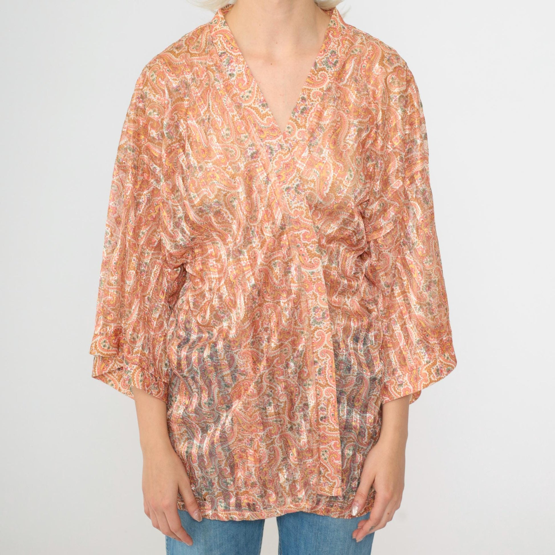 70s Paisley Kimono Jacket Peach Gold Sheer Wide Sleeve Open Front Medium Large