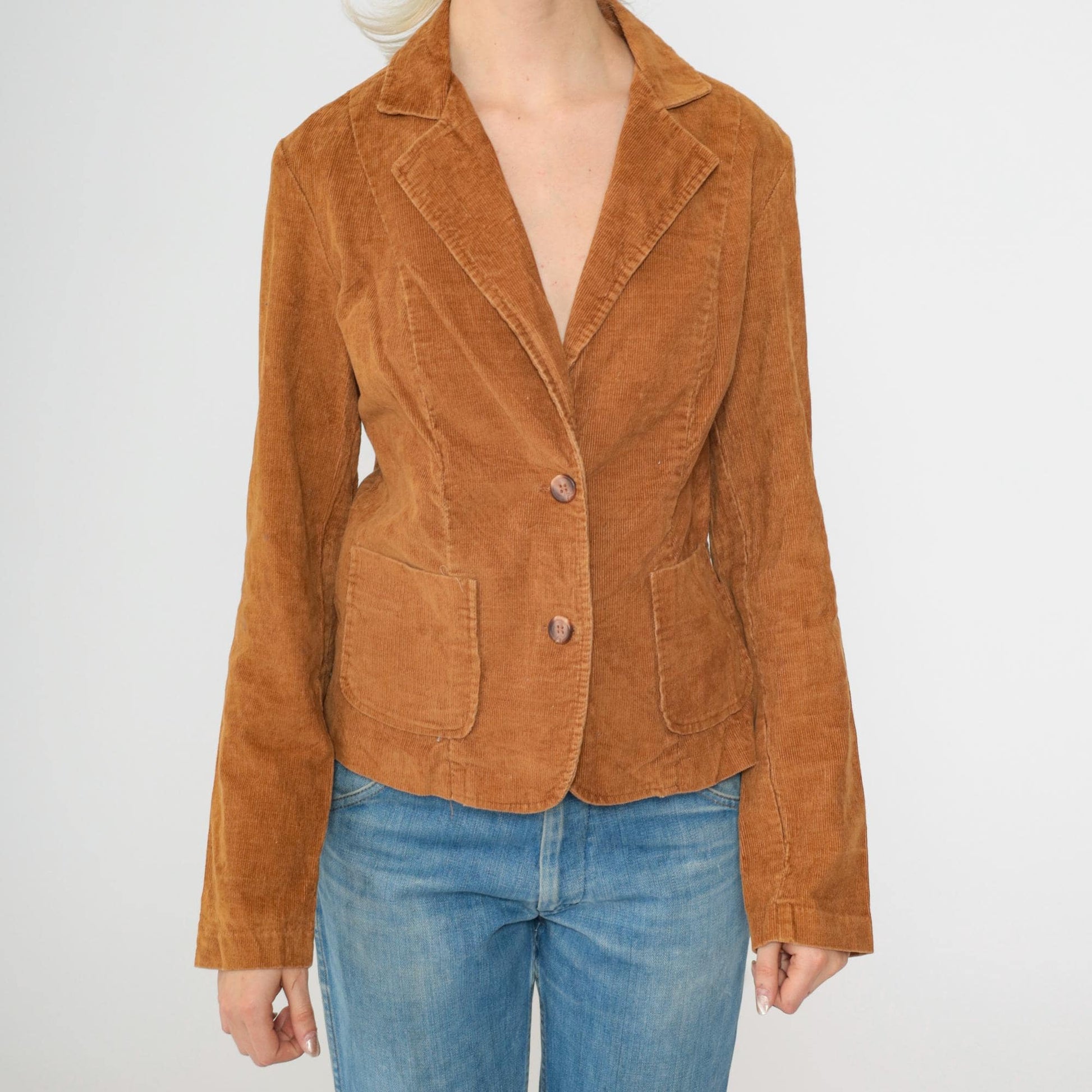 Late 70s Early 80s Brown Corduroy Blazer Notched Lapel Fitted Small S