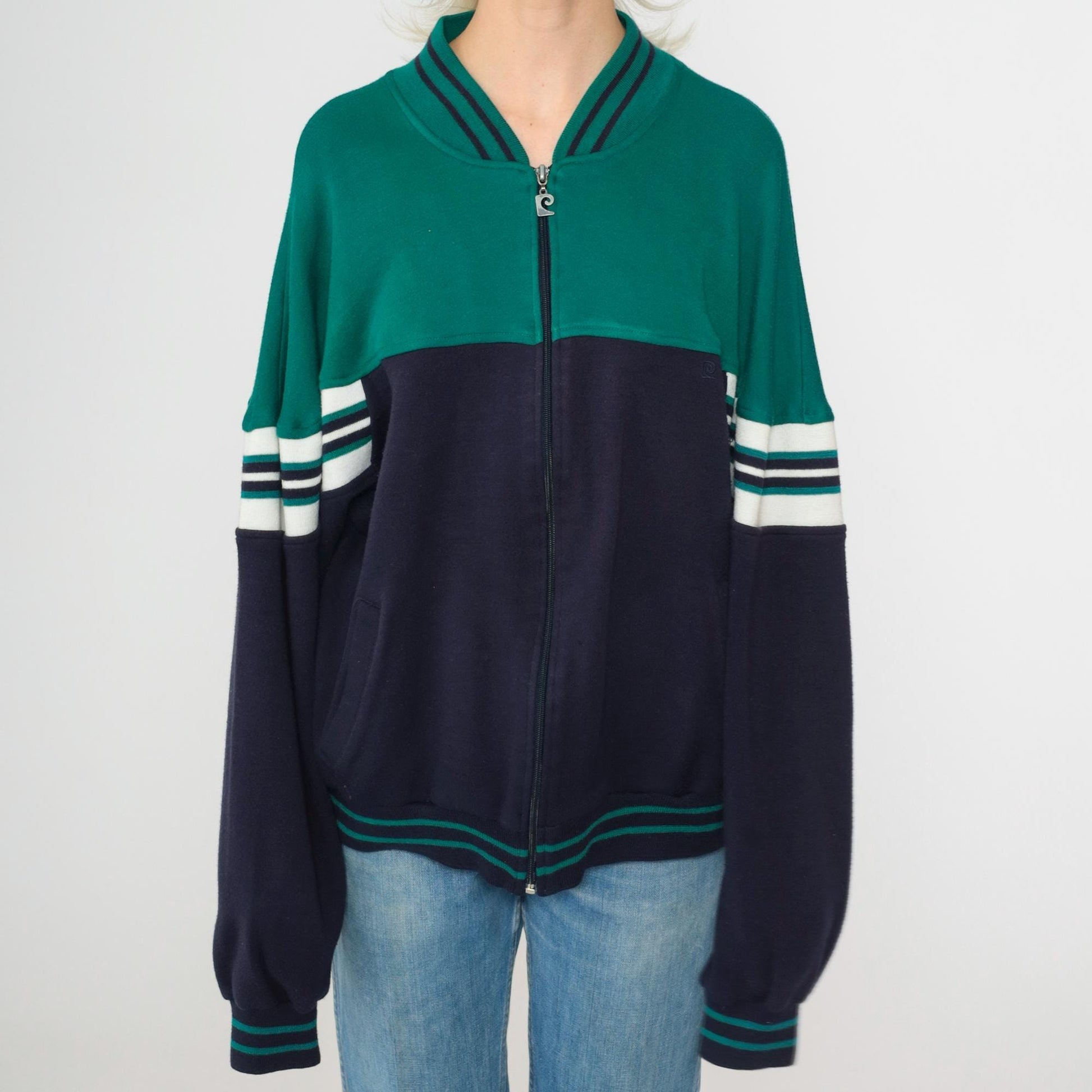 80s Pierre Cardin Track Jacket Green Navy Color Block Striped Large L
