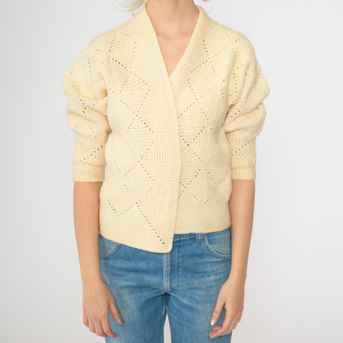 70s Cream Open Knit Cardigan Cropped Dolman Sleeve Geometric Textured Extra Small
