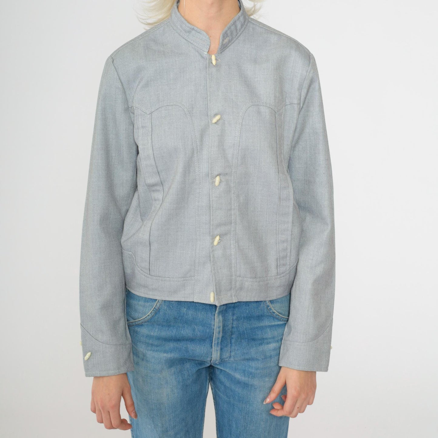 70s Western Jacket Grey Cotton Blend Toggle Button Mandarin Collar Small