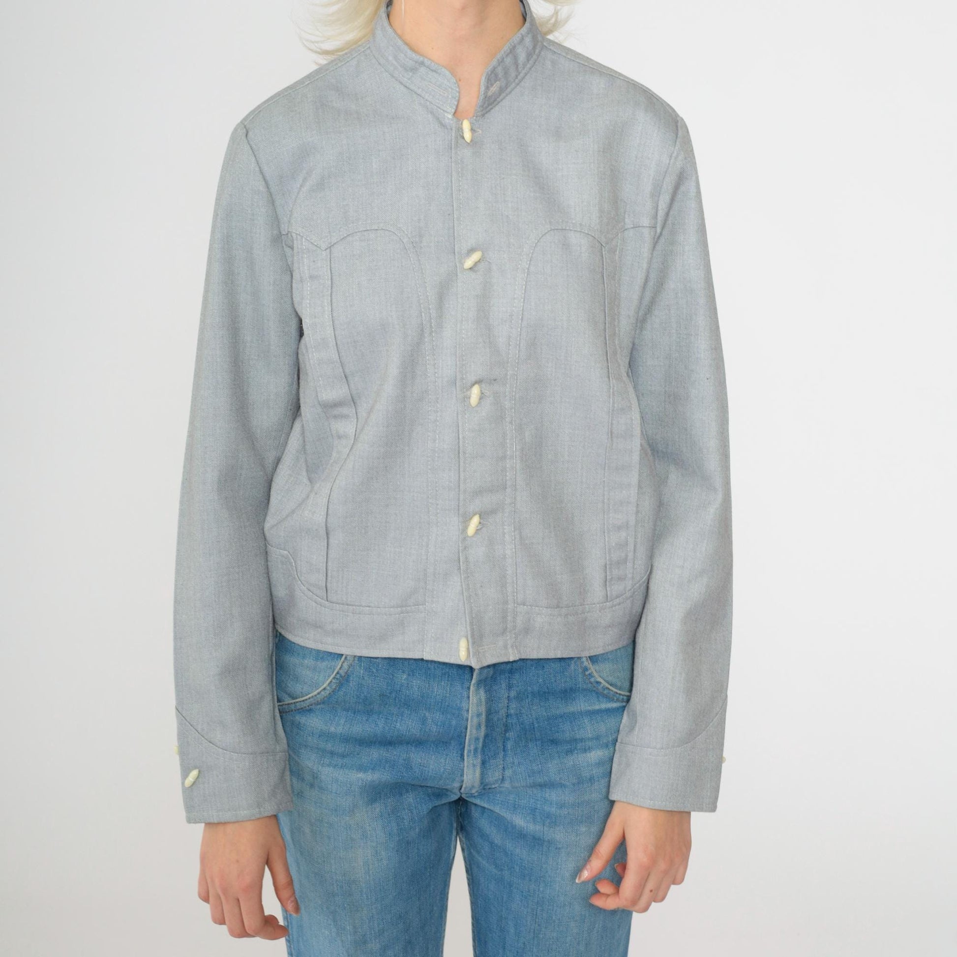 70s Western Jacket Grey Cotton Blend Toggle Button Mandarin Collar Small