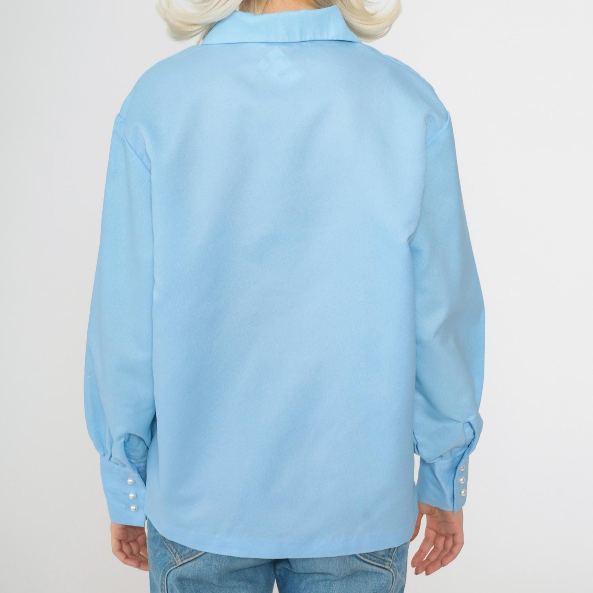 70s Baby Blue Button-Up Blouse Dagger Collar Long Sleeve Small