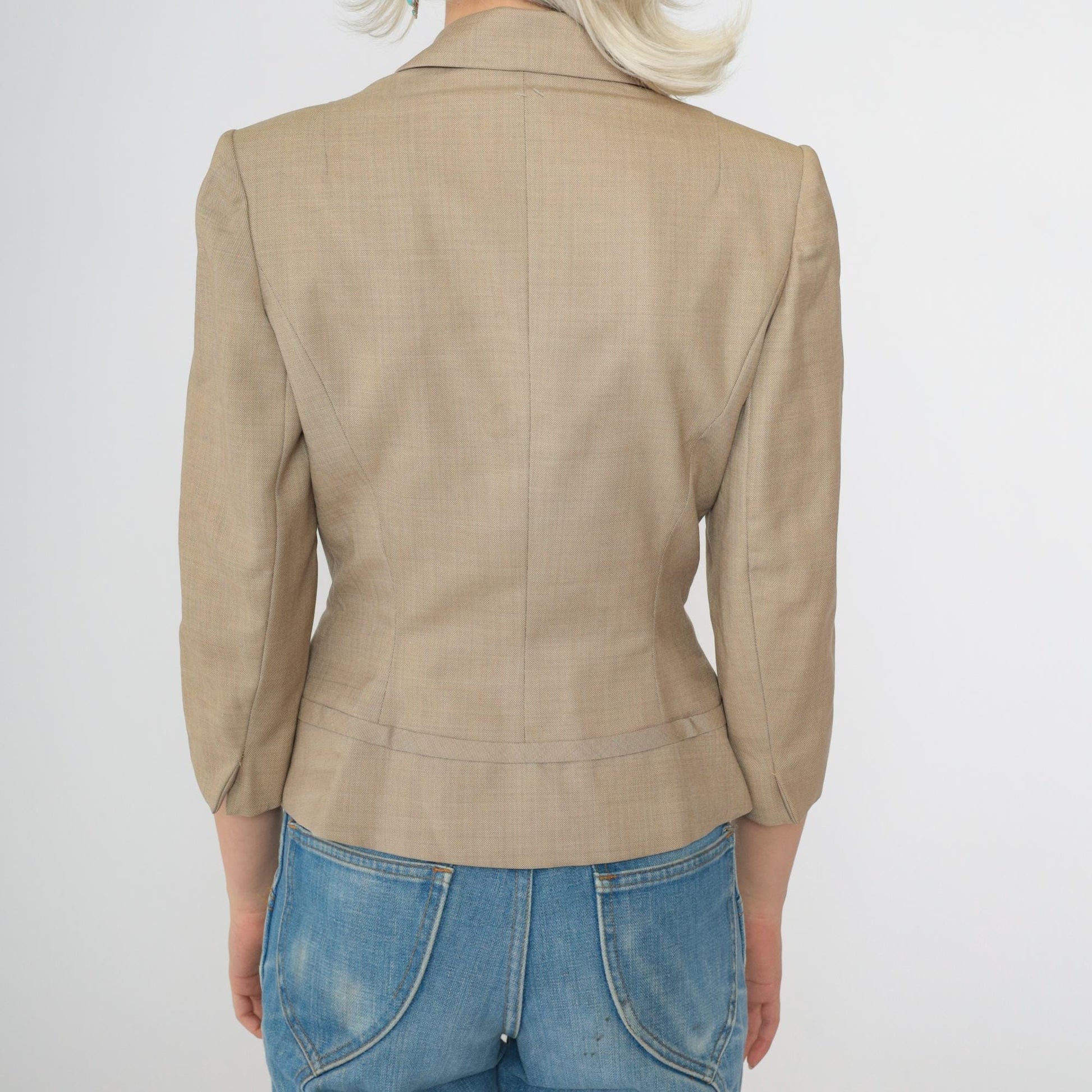 1950s Tan Wool Blend Fitted Blazer Cropped Waist 3/4 Sleeve Button Up Extra Small XS