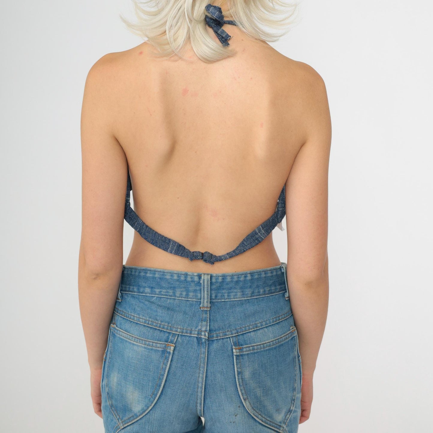 70s Blue Halter Triangle Bikini Top Jeans Print Medium