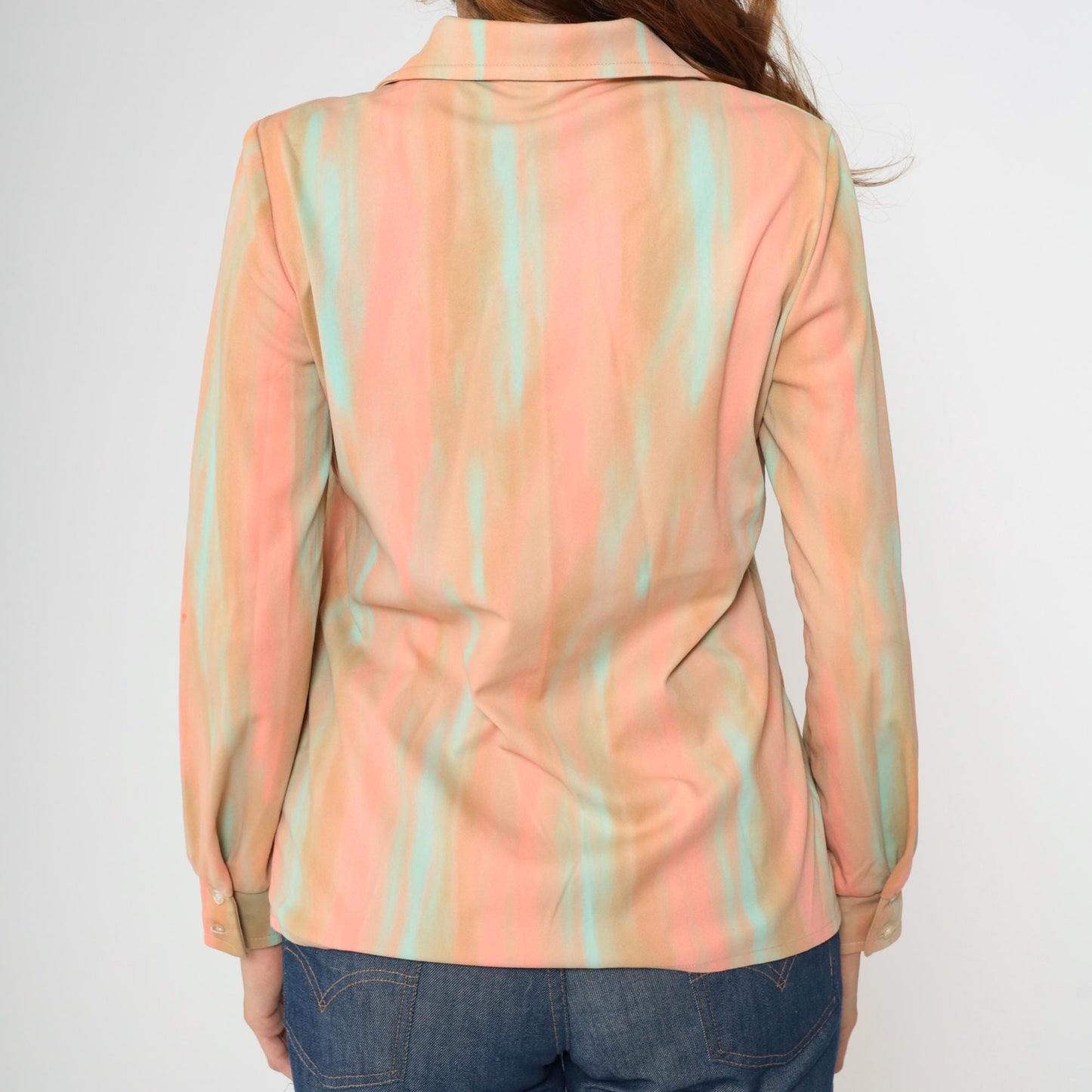 70s Jeanne Durell Abstract Print Button-Up Blouse Peach Aqua Large L
