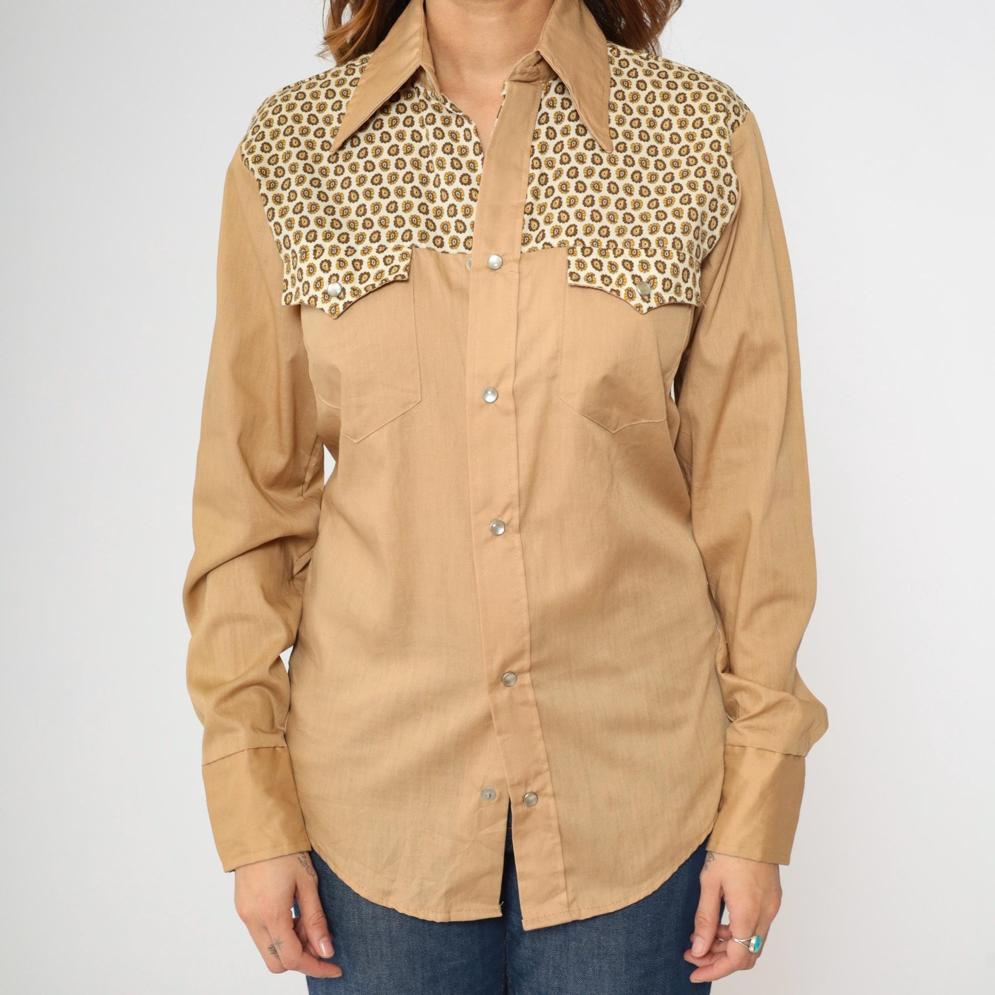 70s Paisley Yoke Western Pearl Snap Shirt Tan Men's Small