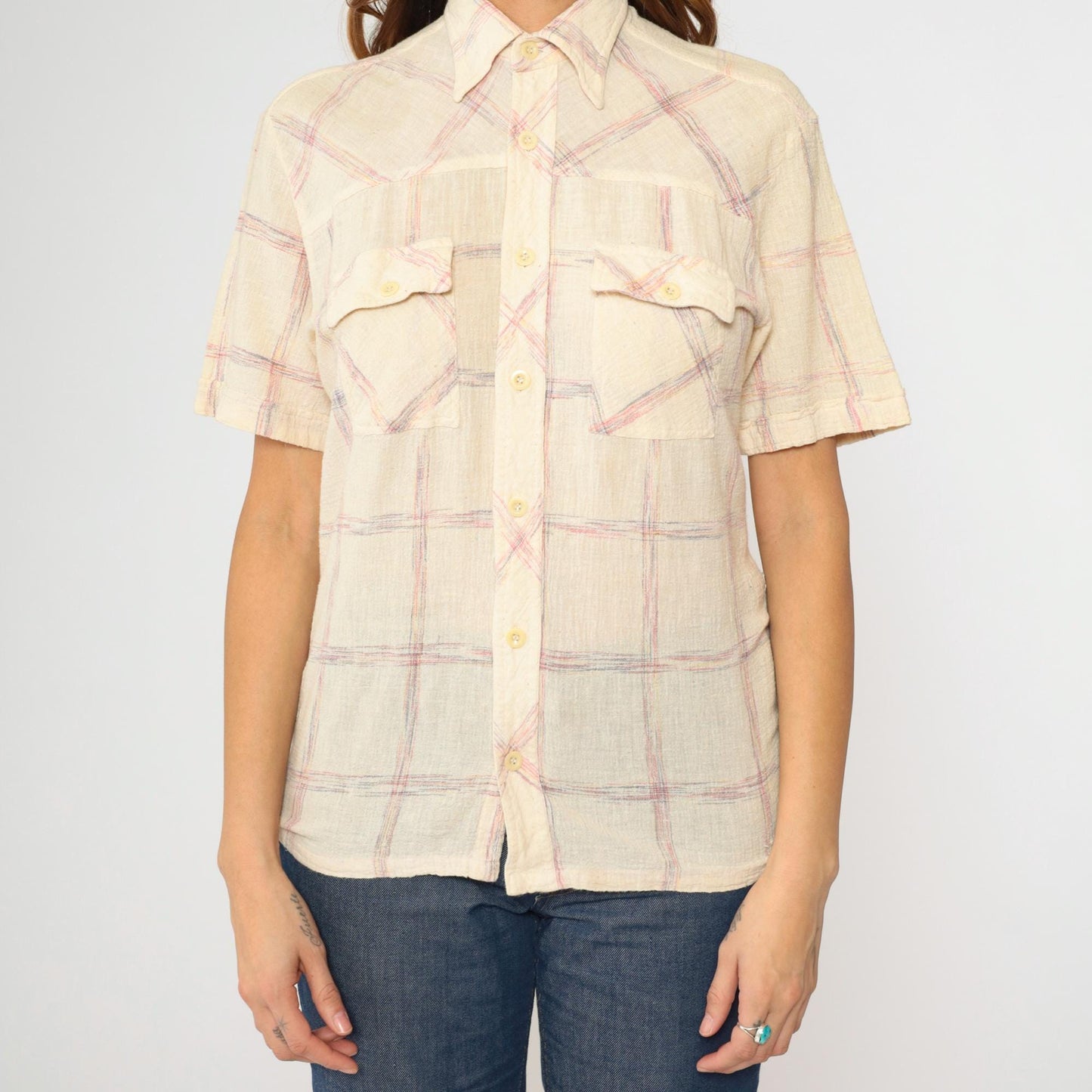 70s Trouper Gauze Plaid Shirt Cream Pointed Collar Button Up Medium