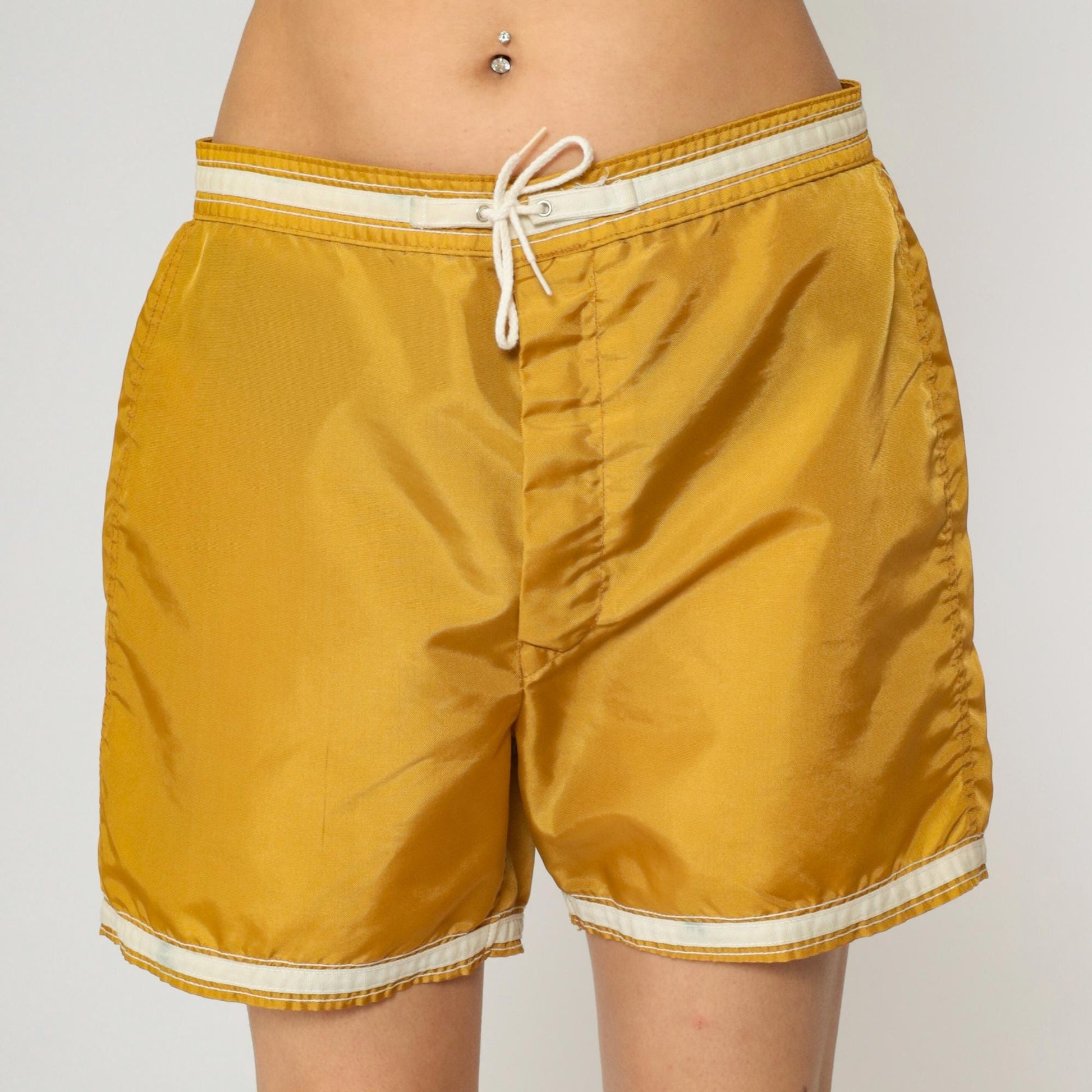 1970s Sears Swim Trunks Mustard Yellow Striped Board Shorts Medium 34