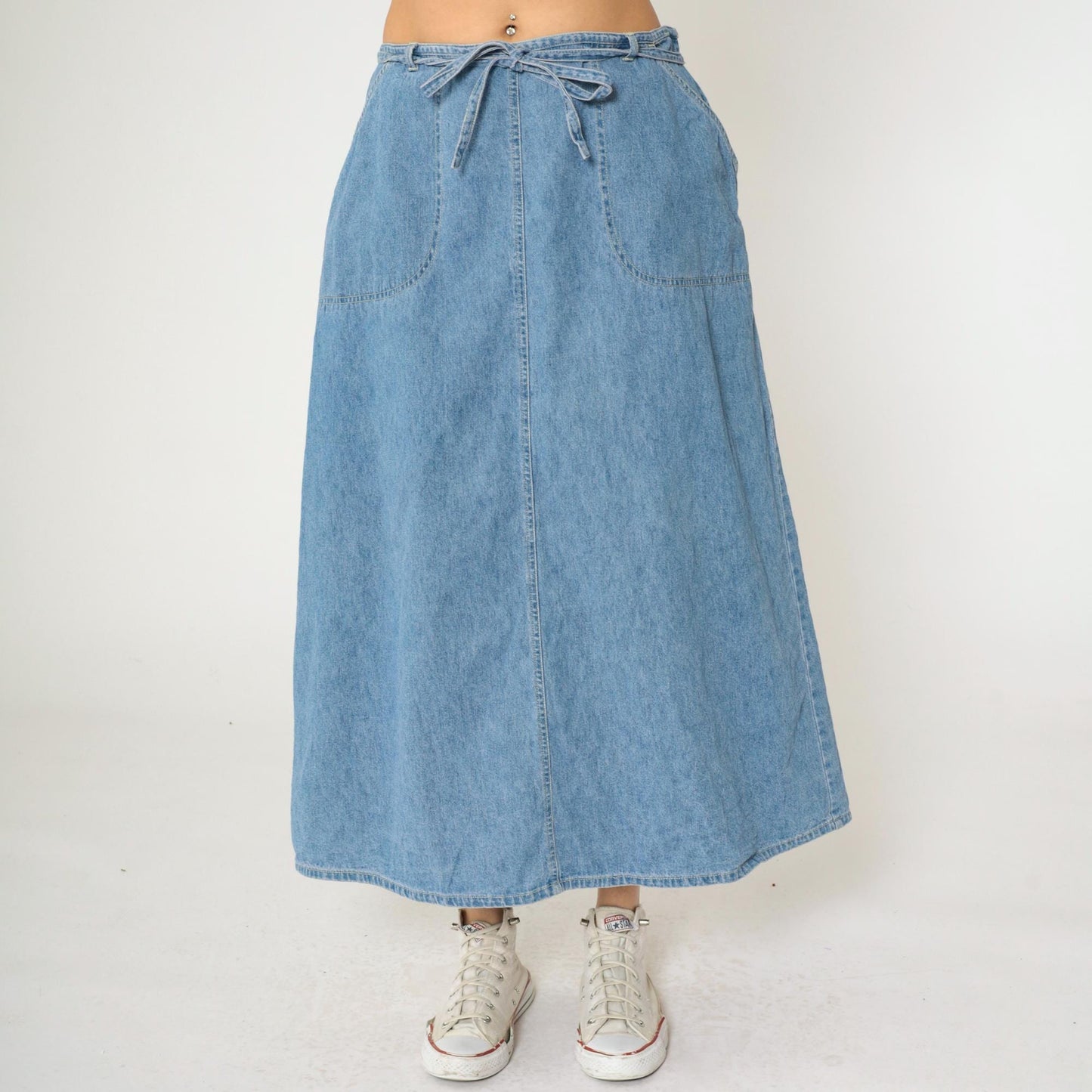 90s St. John's Bay Denim Cargo Maxi Skirt Blue High Waist Tie Closure Size 16W