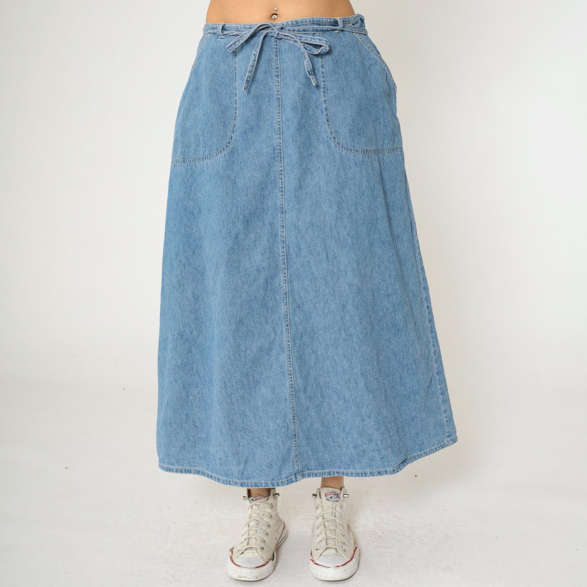 90s St. John's Bay Denim Cargo Maxi Skirt Blue High Waist Tie Closure Size 16W