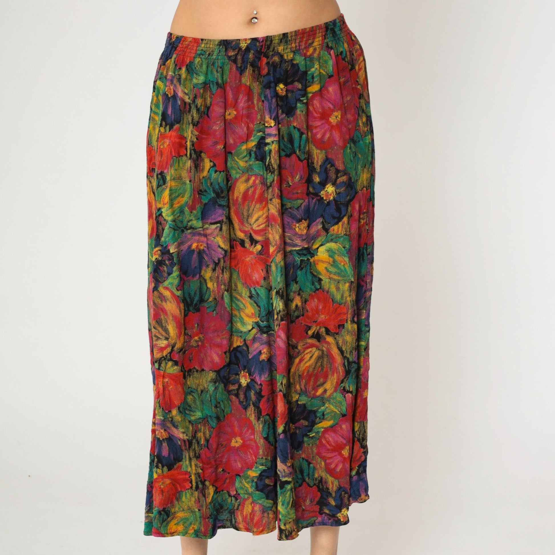 90s Floral Midi Skirt Watercolor Print High Elastic Waist Multicolor Large