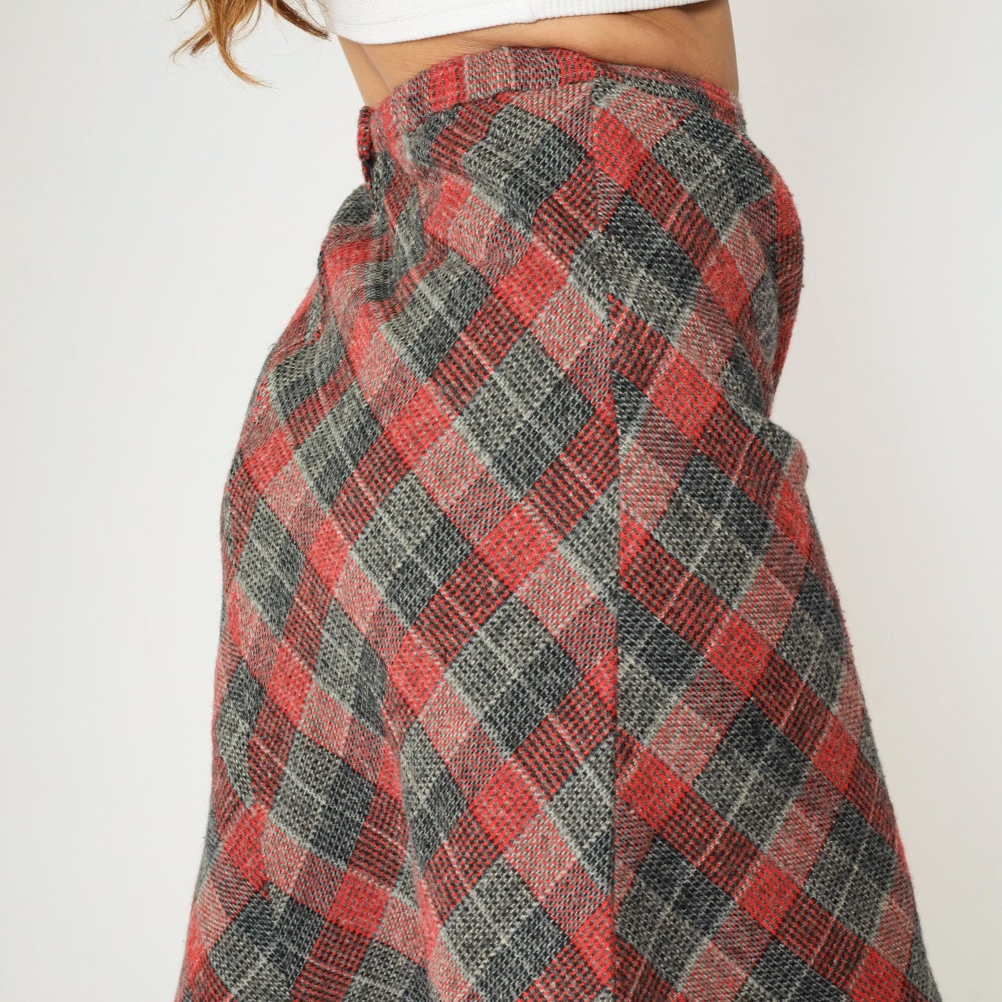 80s Checkered Skirt Grey Red High Waisted Straight Knee Length Extra Small