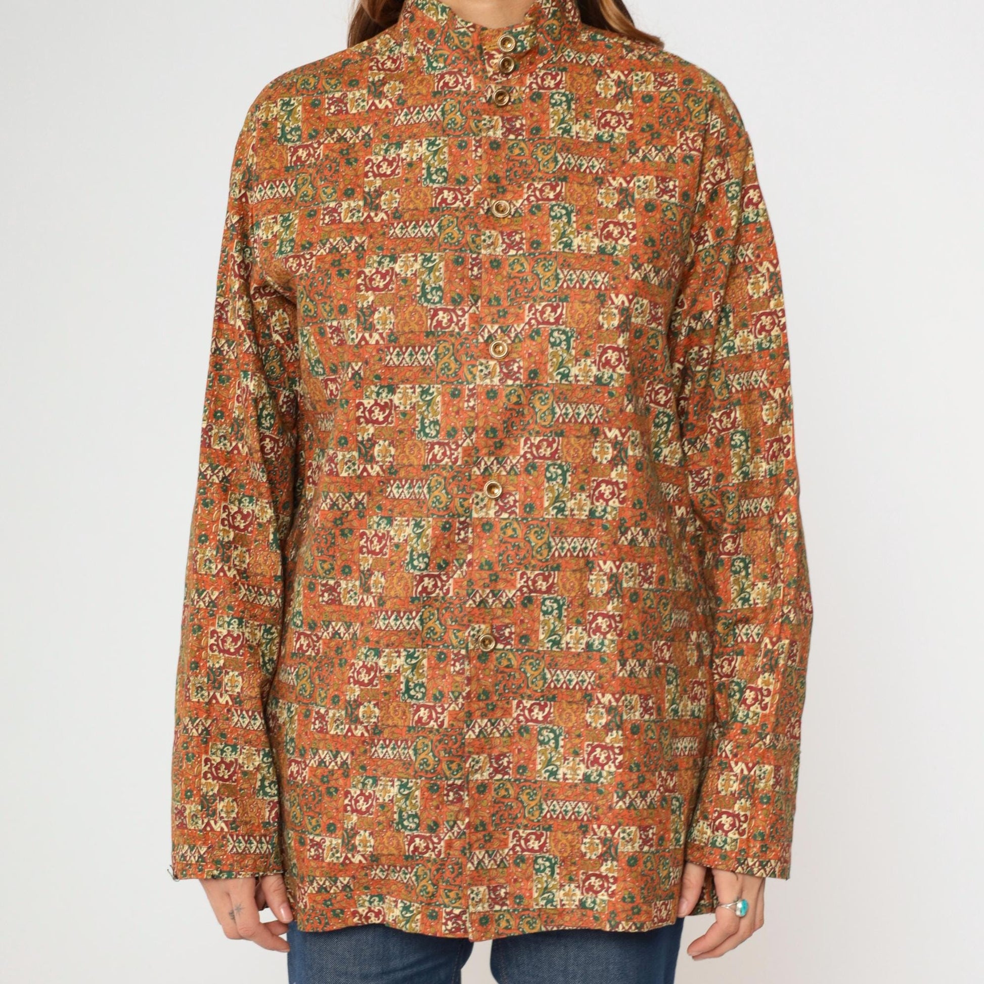 70s Patchwork Floral Stand Collar Tunic Shirt Orange Button Up Medium