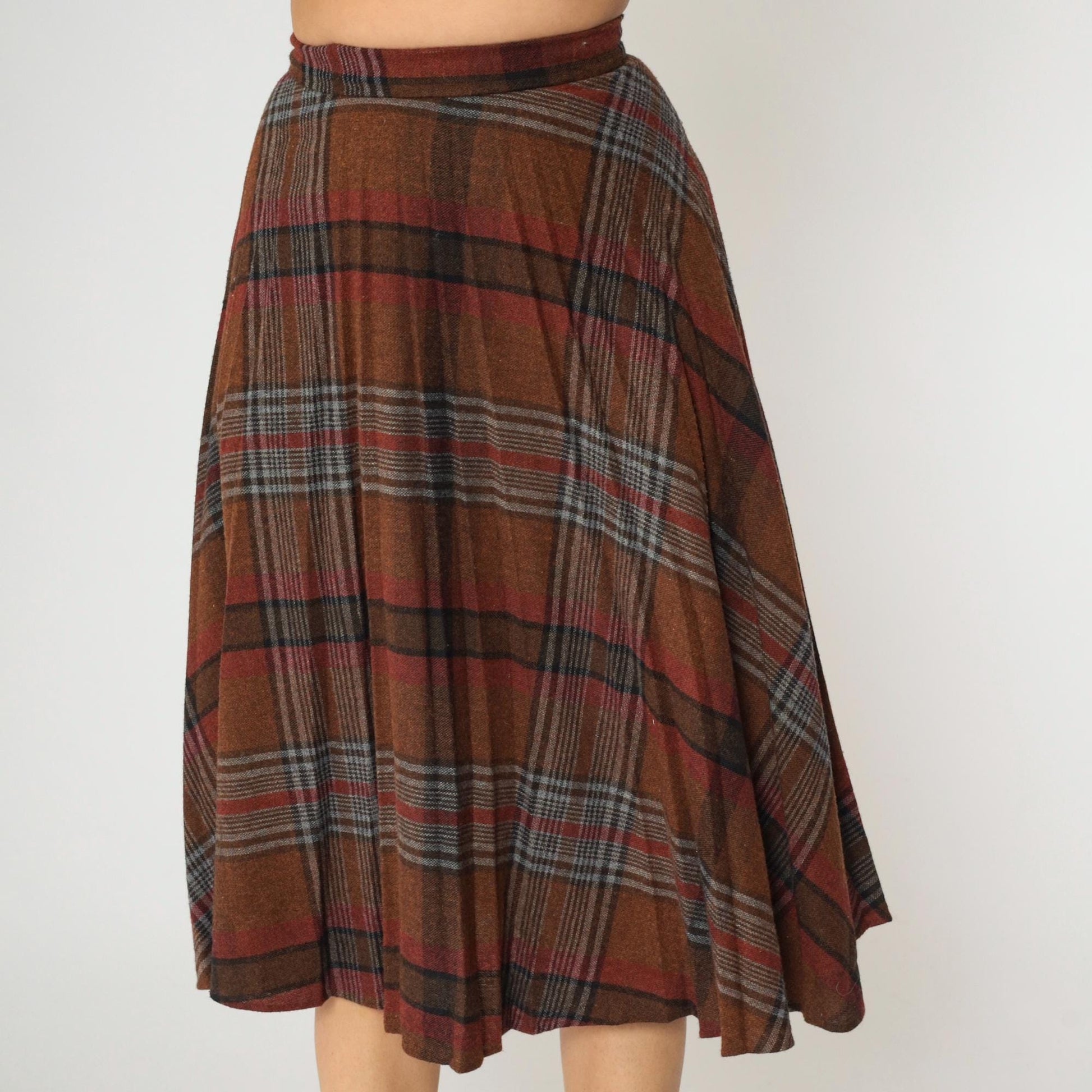 80s Russ Togs II Plaid Midi Skirt Brown High-Waisted A-Line Small