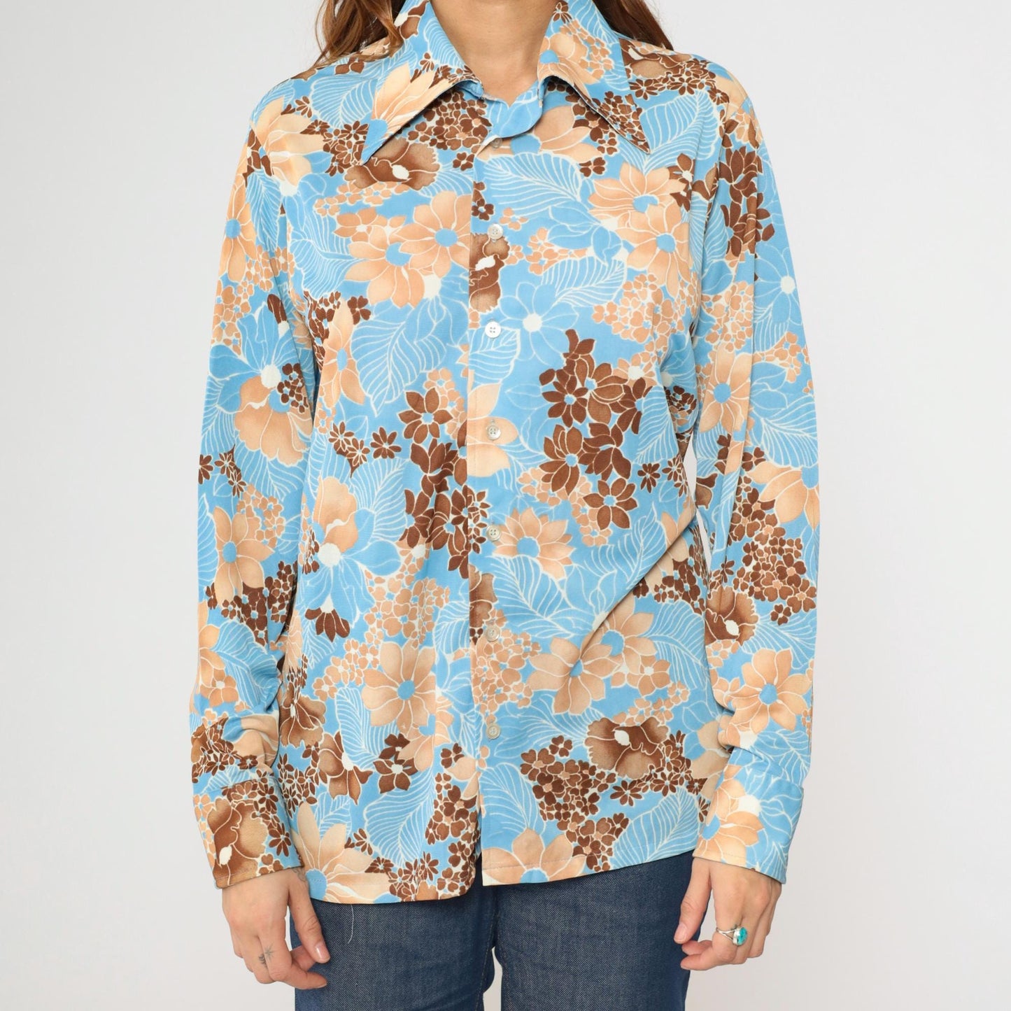 70s Prince Igor Floral Button-Up Shirt Blue Brown Tan Dagger Collar Medium