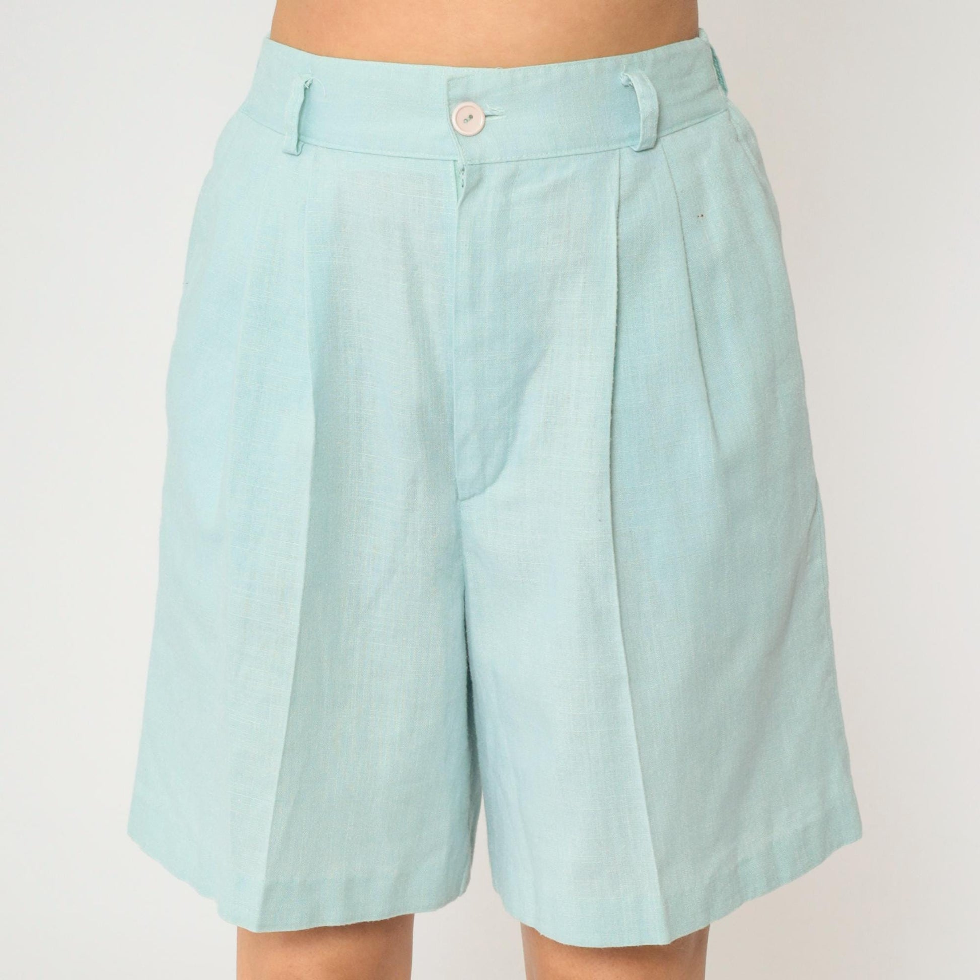 80s Light Blue Pleated High-Waist Shorts Linen Blend Wide Leg Small