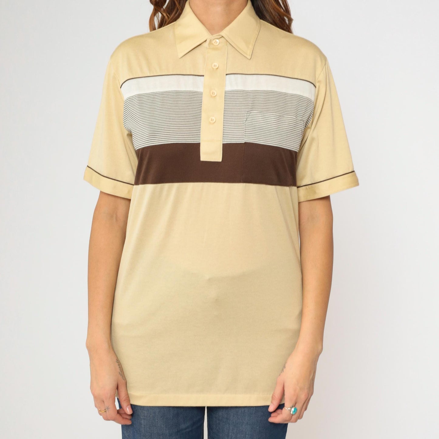 80s Anthony's Cream Striped Polo Shirt Brown White Collared Medium