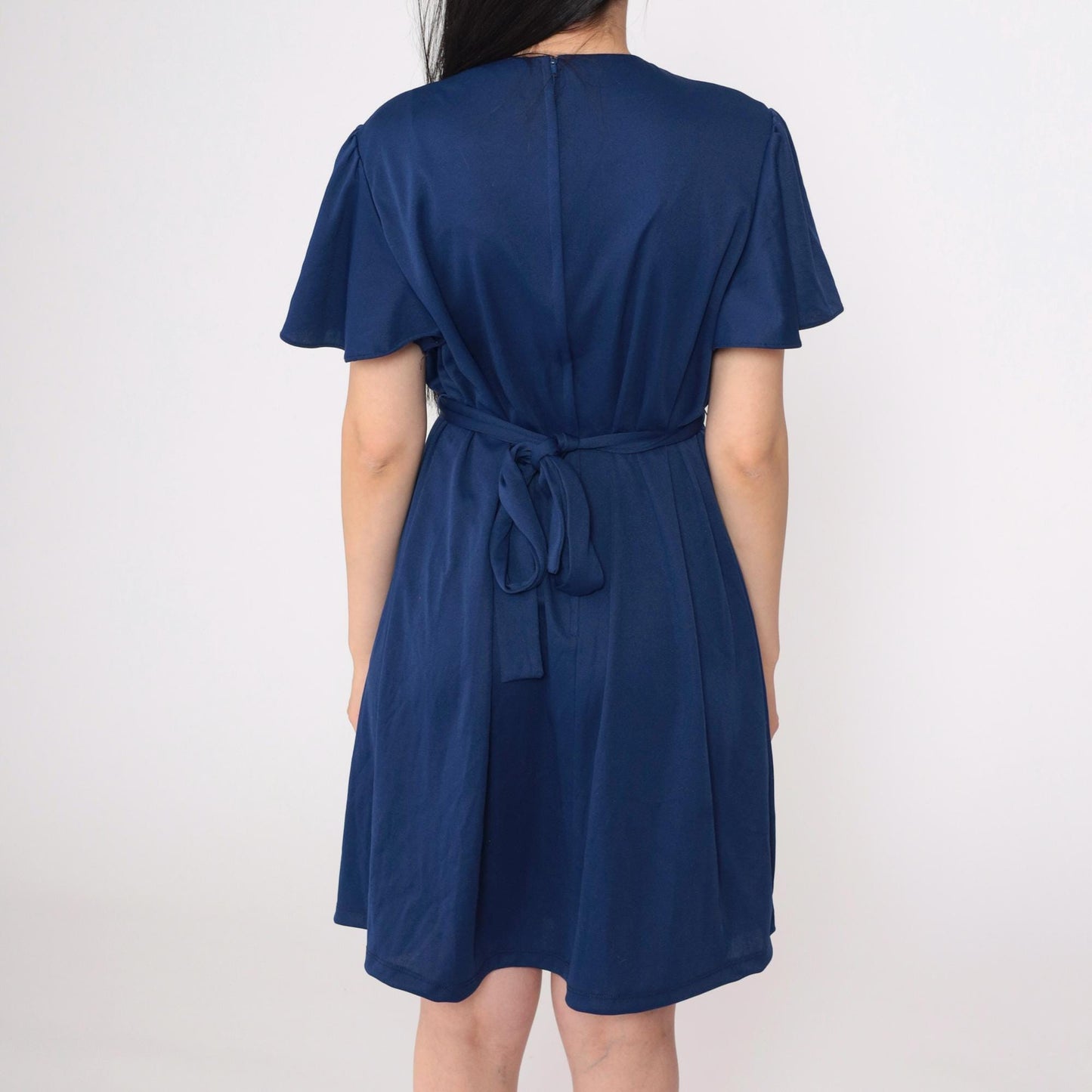 70s Navy Southwestern Empire Waist Mini Dress Flutter Sleeve Medium Large