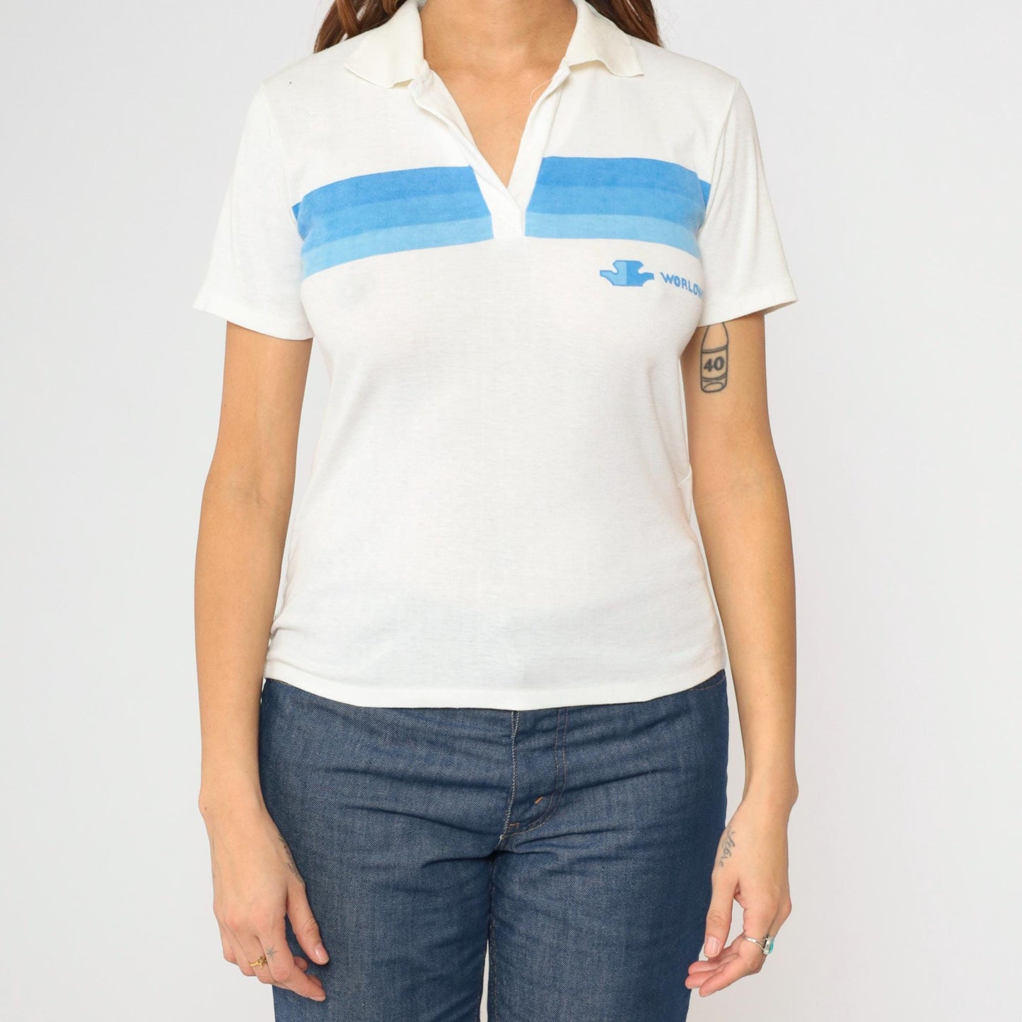 80s Worlowin Gradient Striped Polo Shirt White Blue Johnny Collar Small S