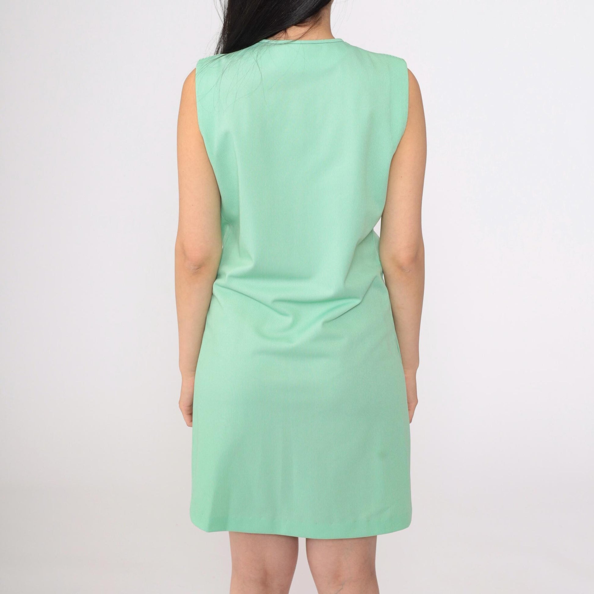70s Mod Strawberry Shift Dress Green Mini Sleeveless Button Up Small