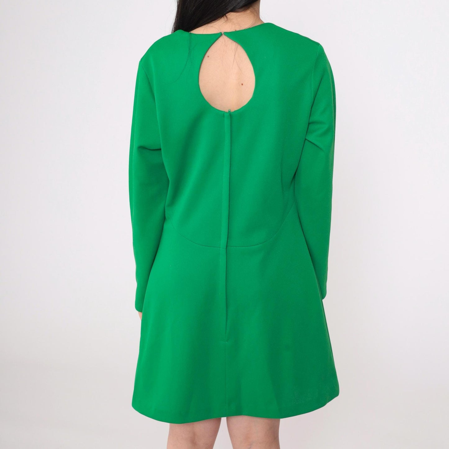 70s Green Babydoll Mini Dress Keyhole Back Empire Waist Long Sleeve Large