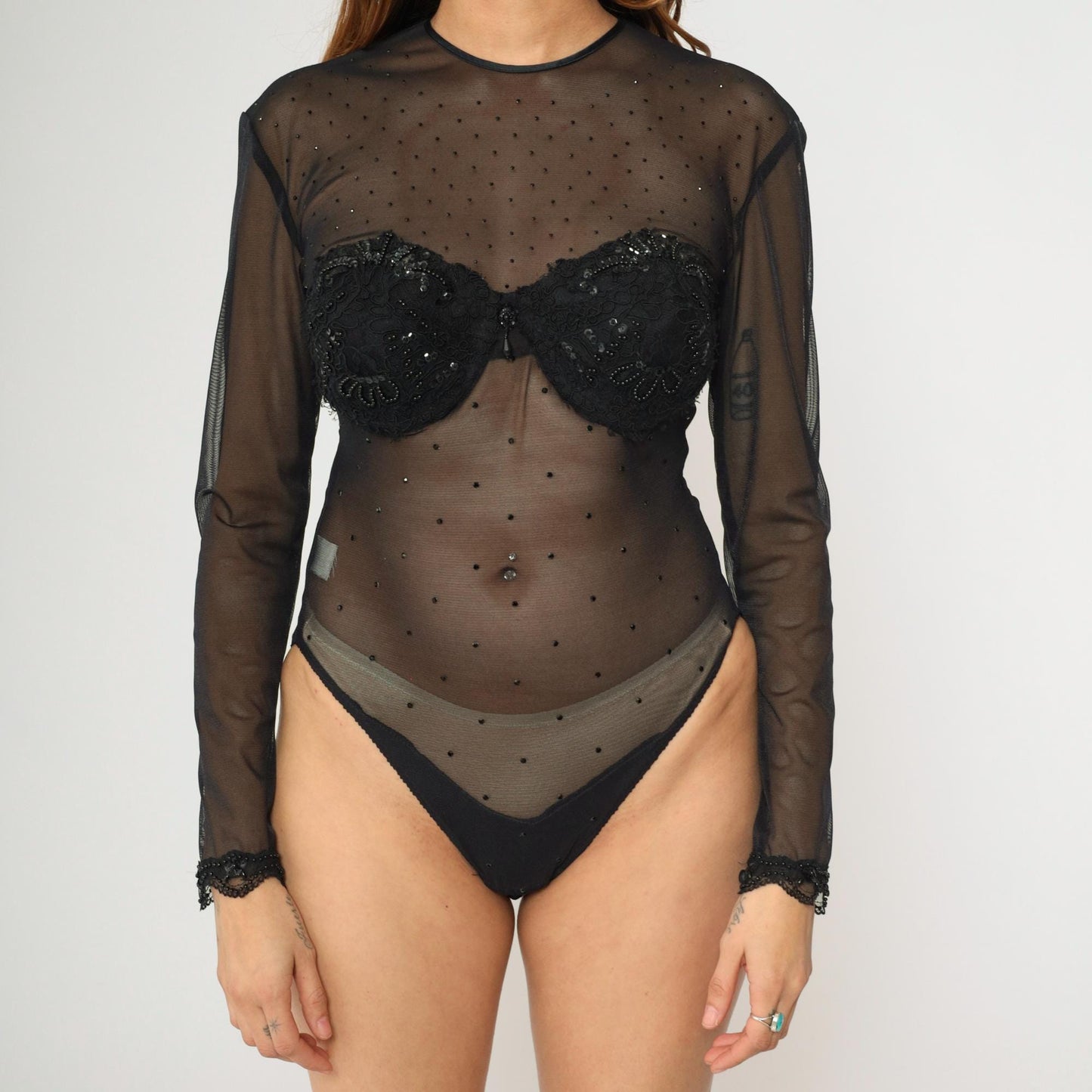 90s Black Mesh Sequin Bustier Bodysuit Long Sleeve High Cut Large